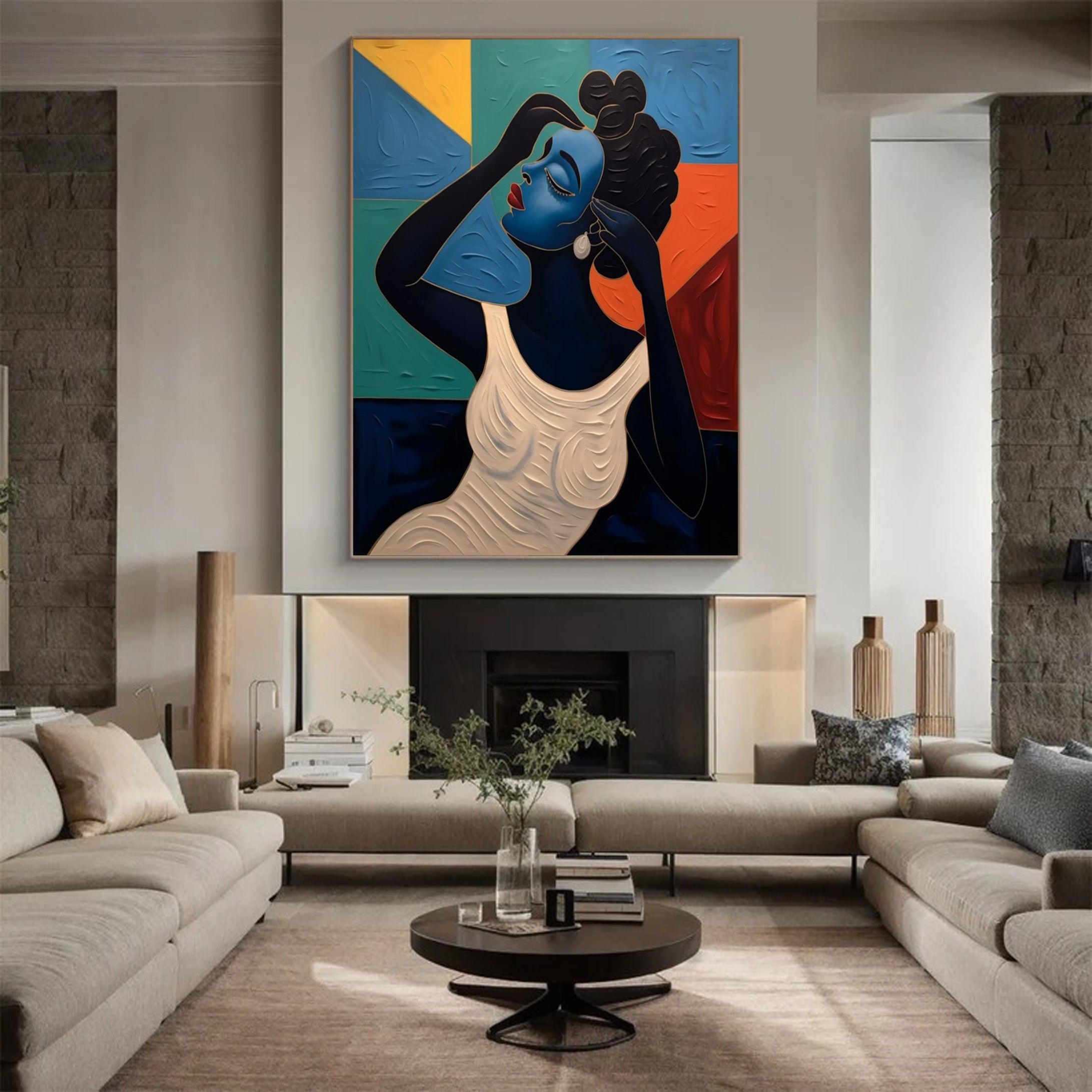 Geometric Grace: Stylized Figure Against Textured Color Shapes #MM534