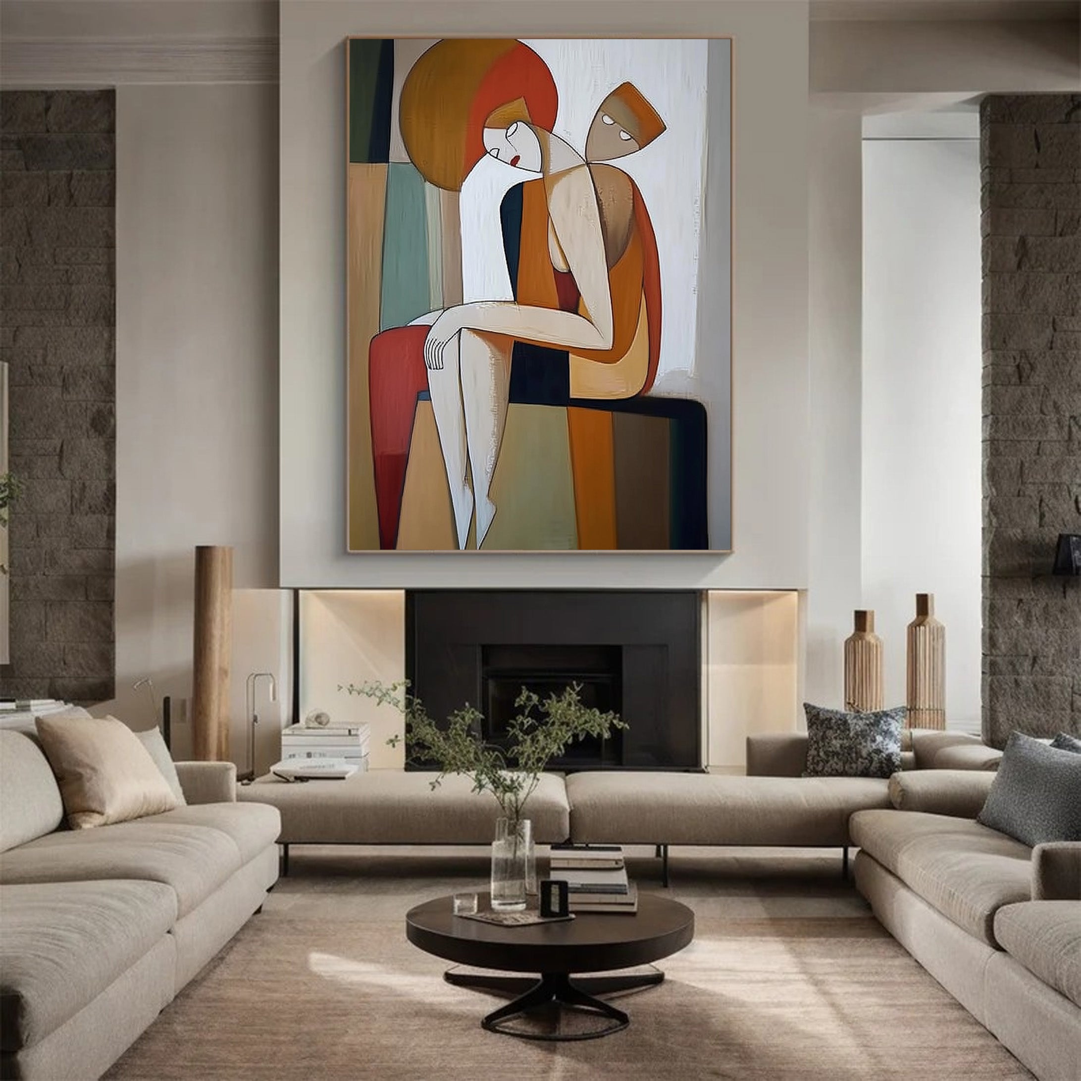 Geometric Embrace: Modern Stylized Figures, Warm Abstract Art #MM538