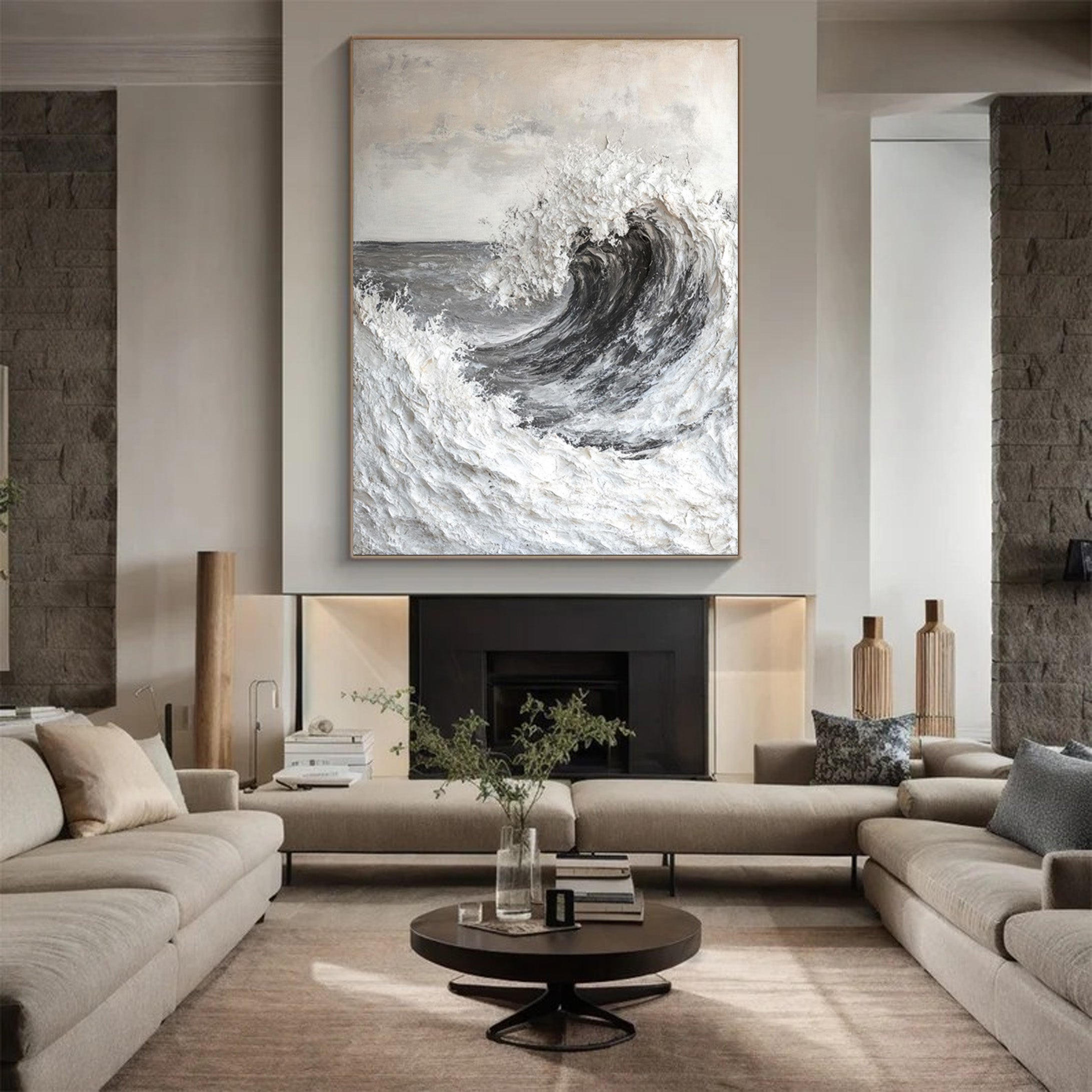 Modern Seascape Painting with Tactile Wave in Grays and Whites #MM565