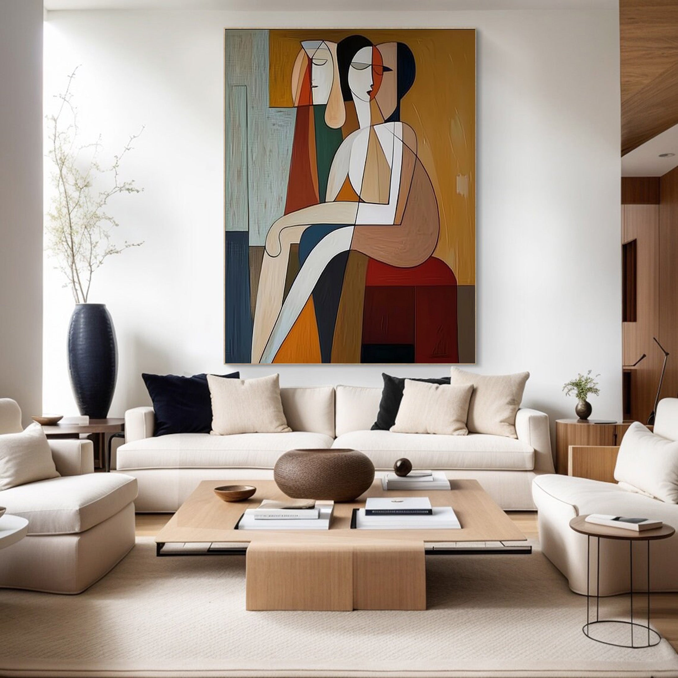 Geometric Encounter: Modern Stylized Figures, Warm Abstract Art #MM540