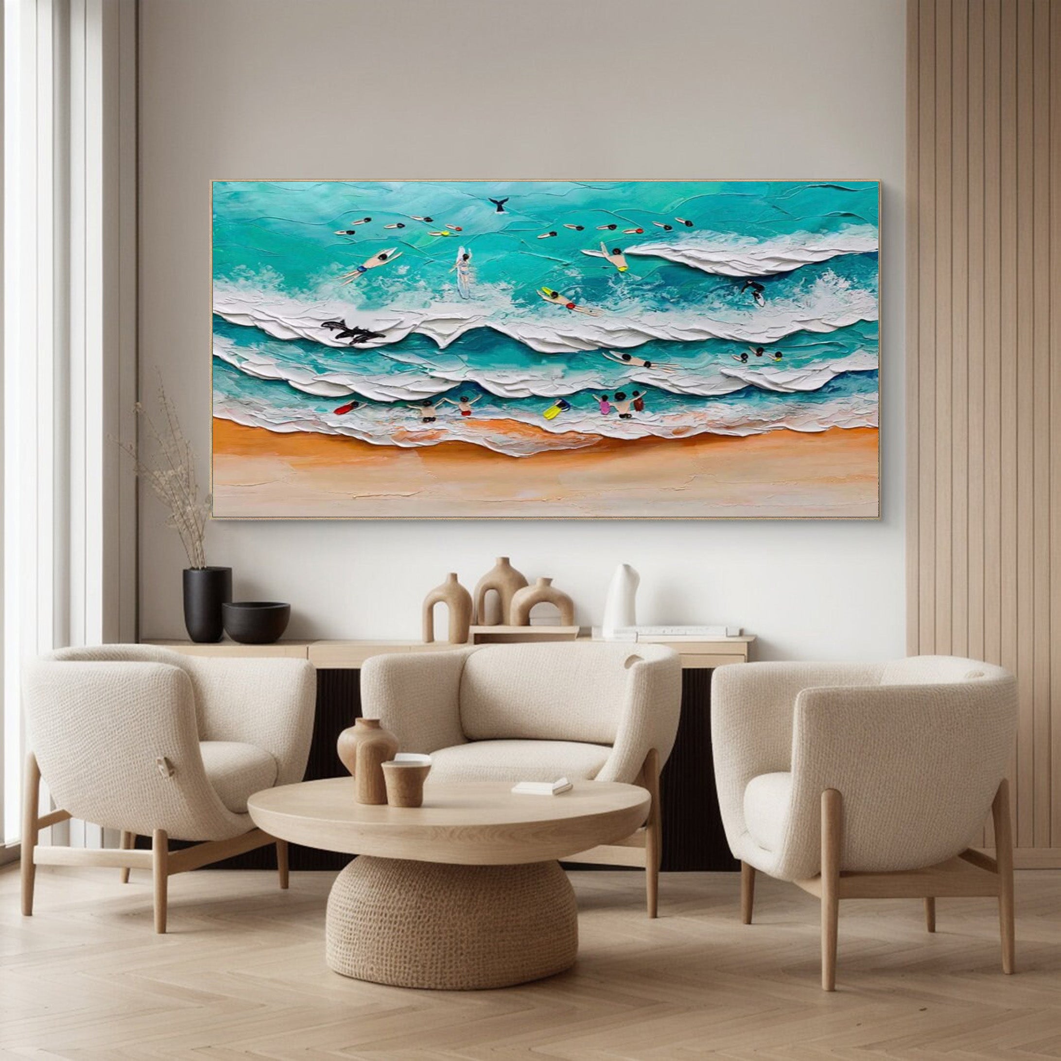 Coastal Thrills: Vibrant Textured Surfer Wall Painting #MM515