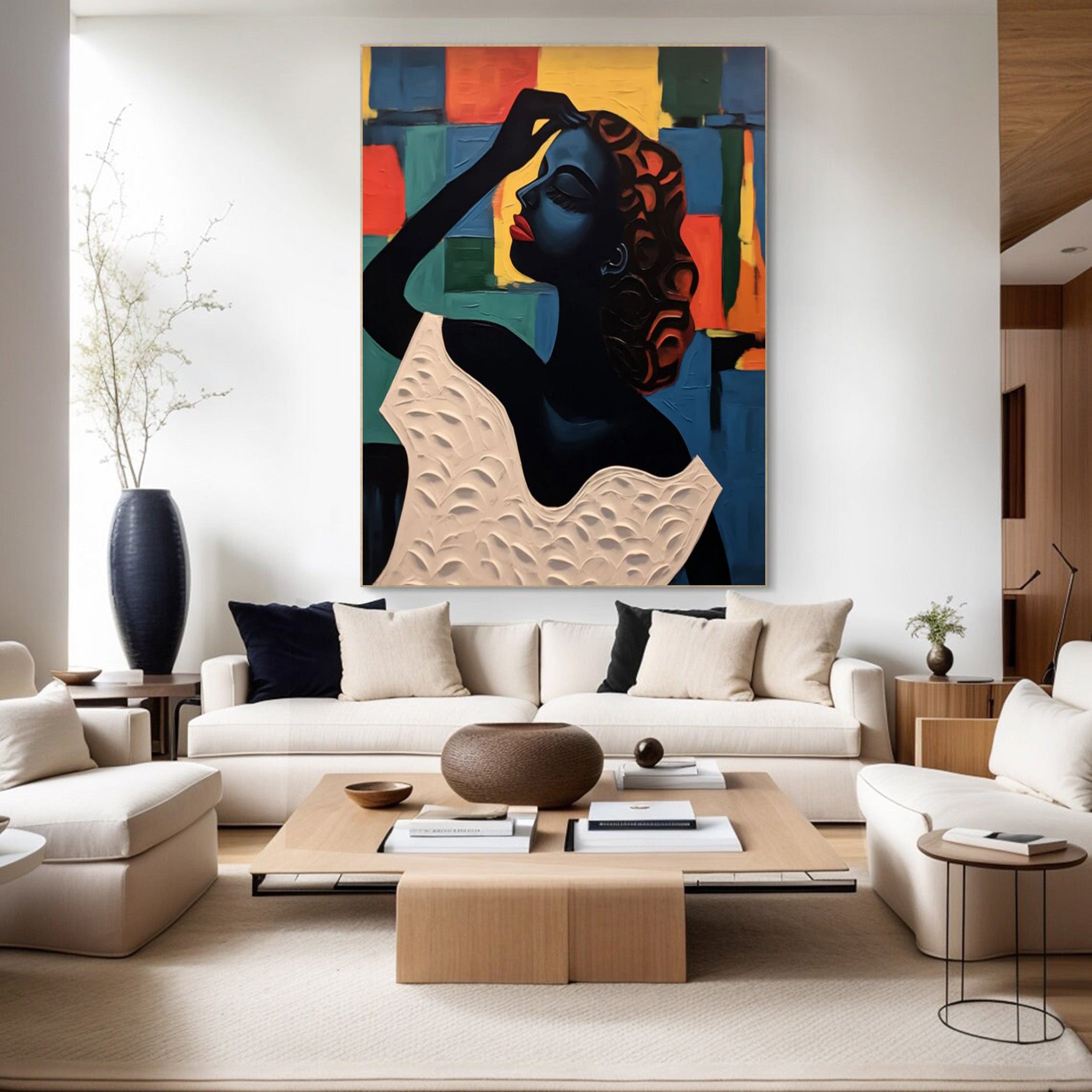 Geometric Poise: Stylized Figure Against Textured Color Shapes #MM537