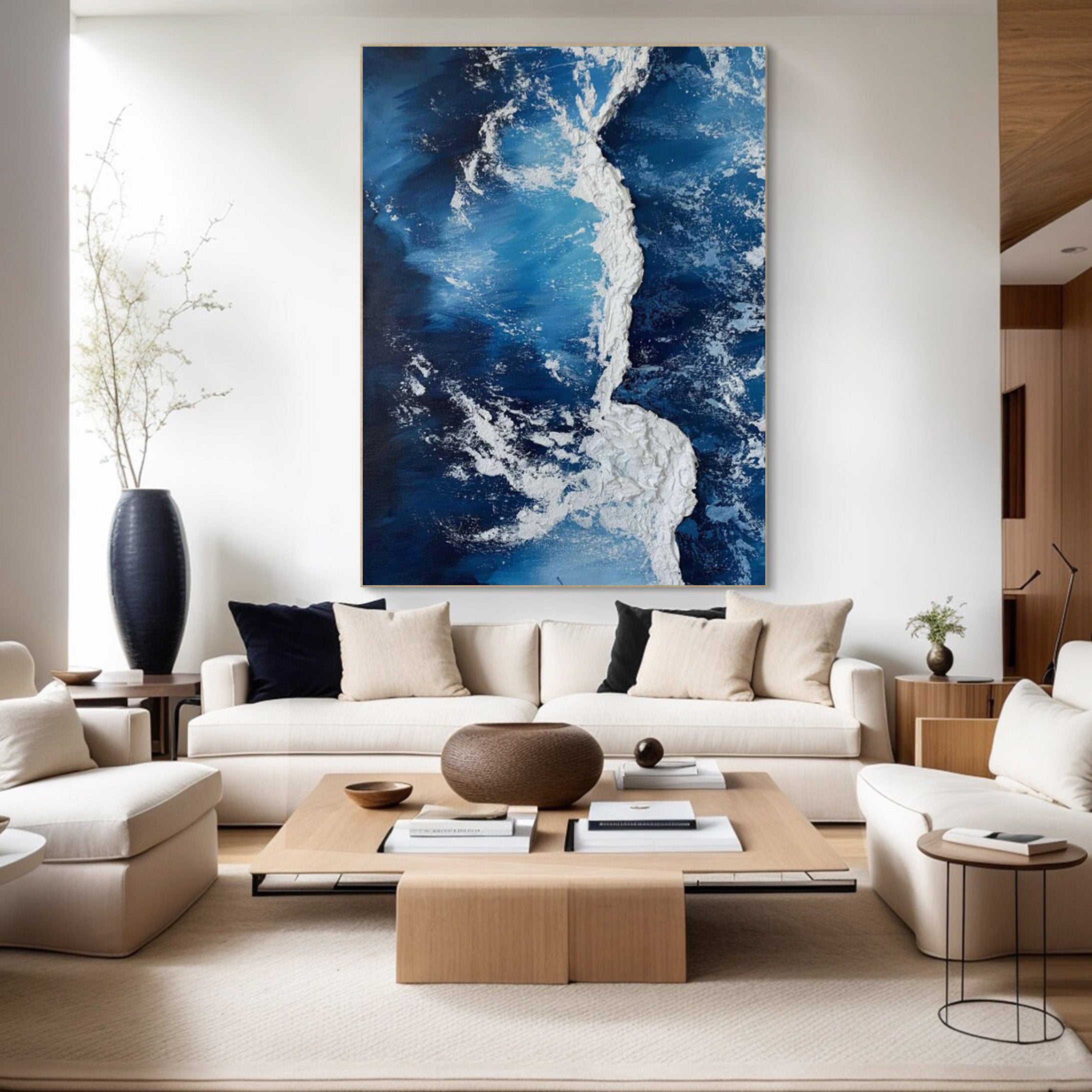 Aerial Tides: 3D Textured Ocean Waves, Blue and White Art #MM539