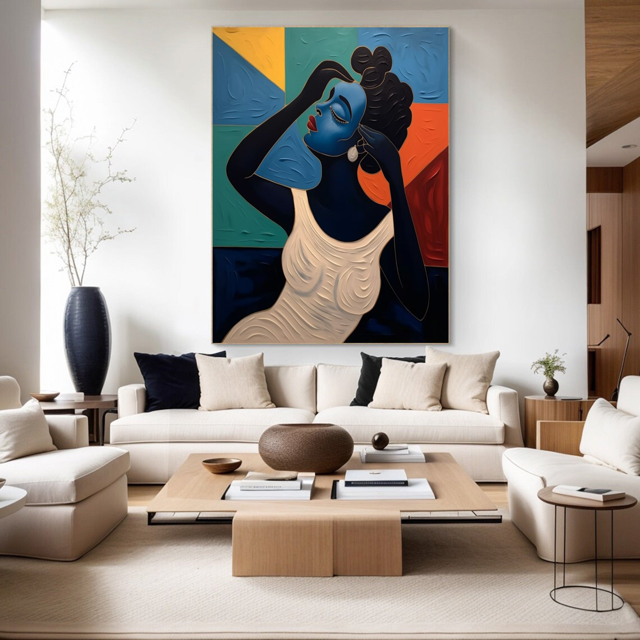 Geometric Grace: Stylized Figure Against Textured Color Shapes #MM534