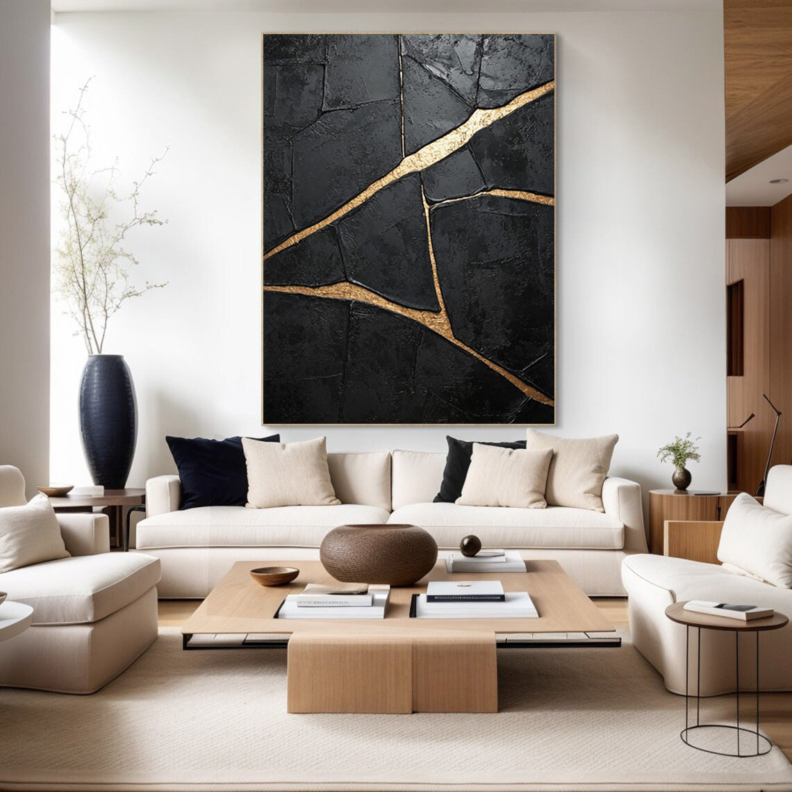 Molten Night: Textured Black Canvas with Flowing Bold Gold #MM546