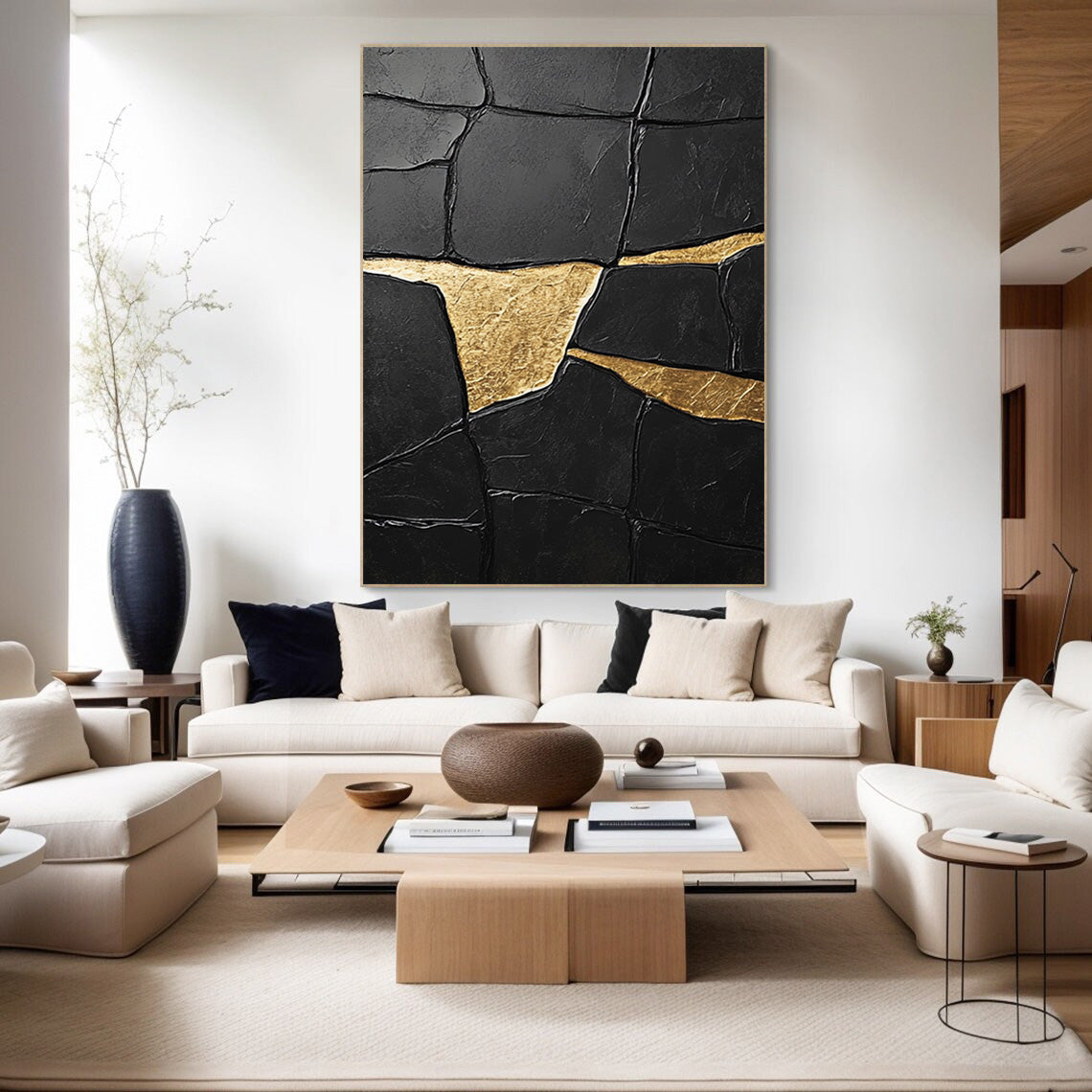 Noir Fragment: Heavily Textured Black Canvas with Gold Accents #MM548