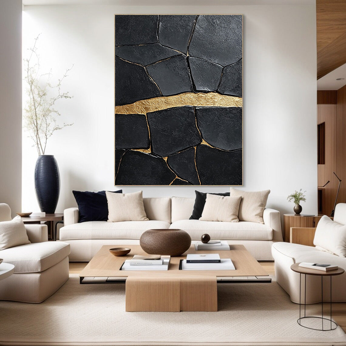 Golden Horizon:Textured Black Abstract with a Bold Gold Band #MM547