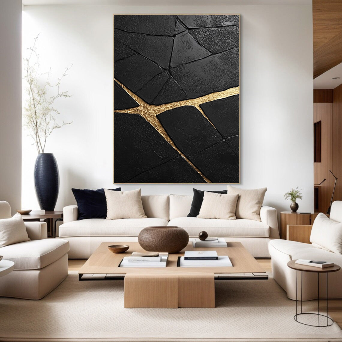 Gilded Cleft: Textured Black Abstract with Bold Gold Fissures #MM545
