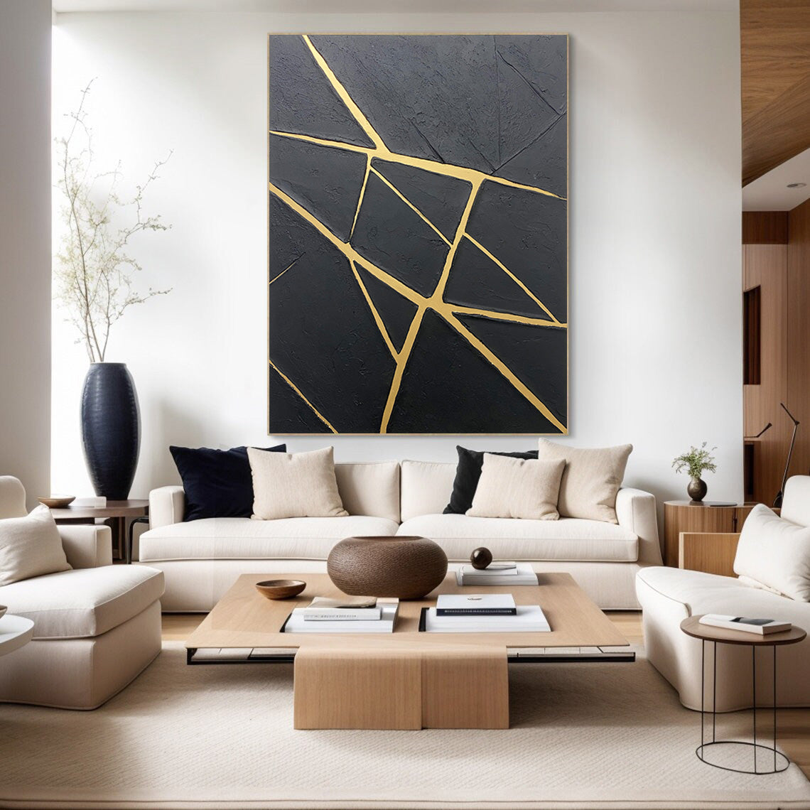 Gilded Fracture:Textured Black Abstract with Angular Gold Lines #MM559