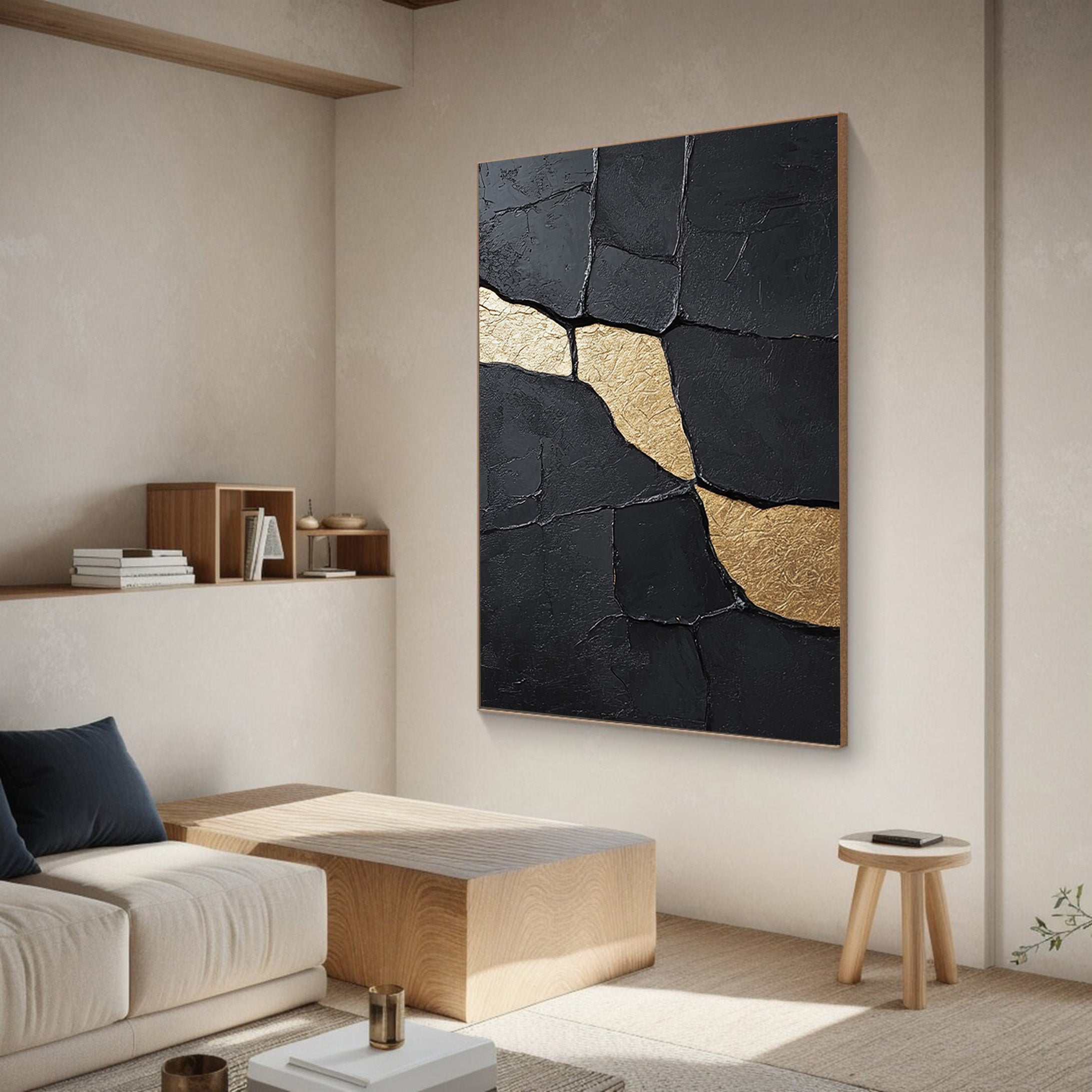 Gilded Flow:Textured Black Abstract with Organic Gold Inlays #MM551