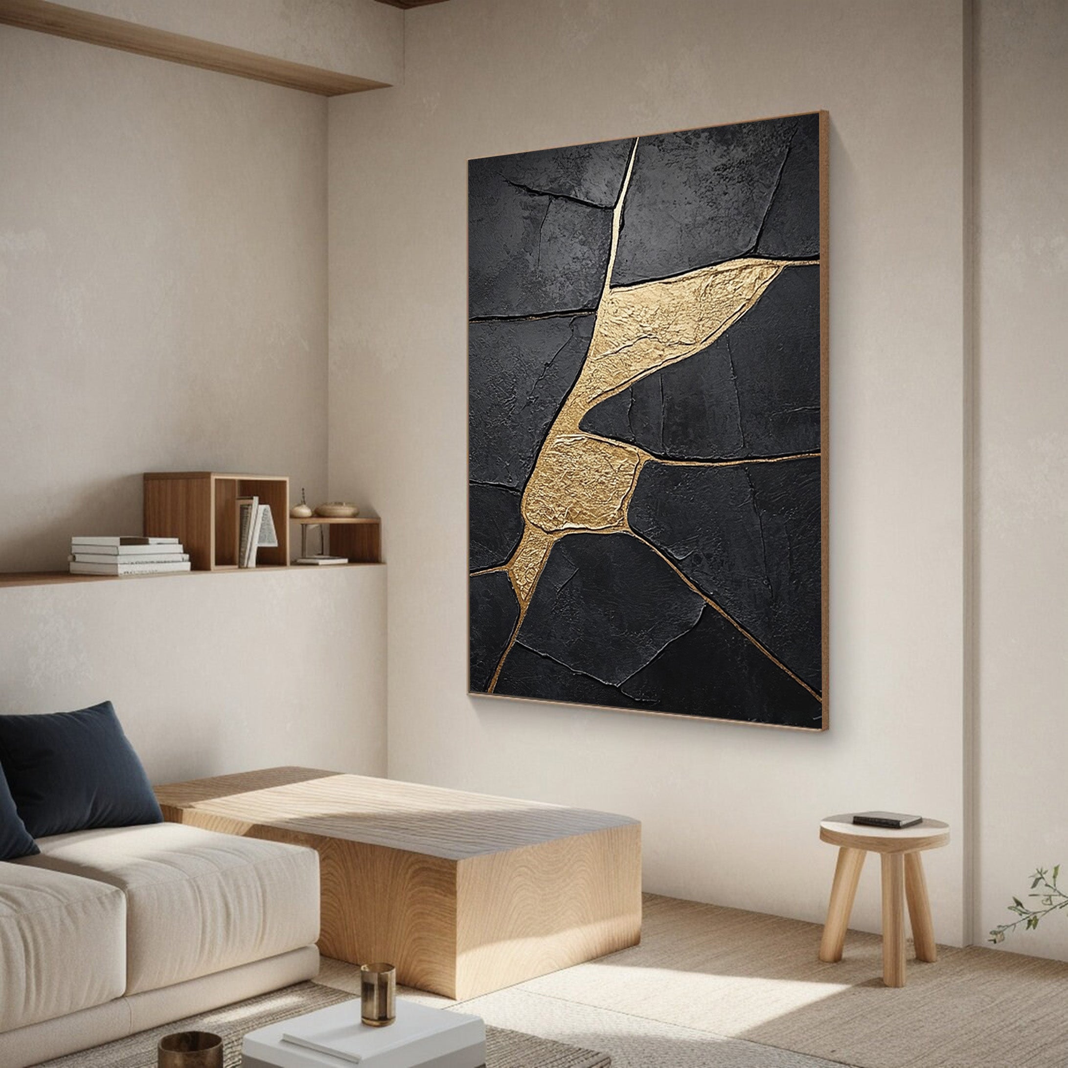 Molten Shadow:Black Impasto with Flowing Organic Gold Veins #MM554
