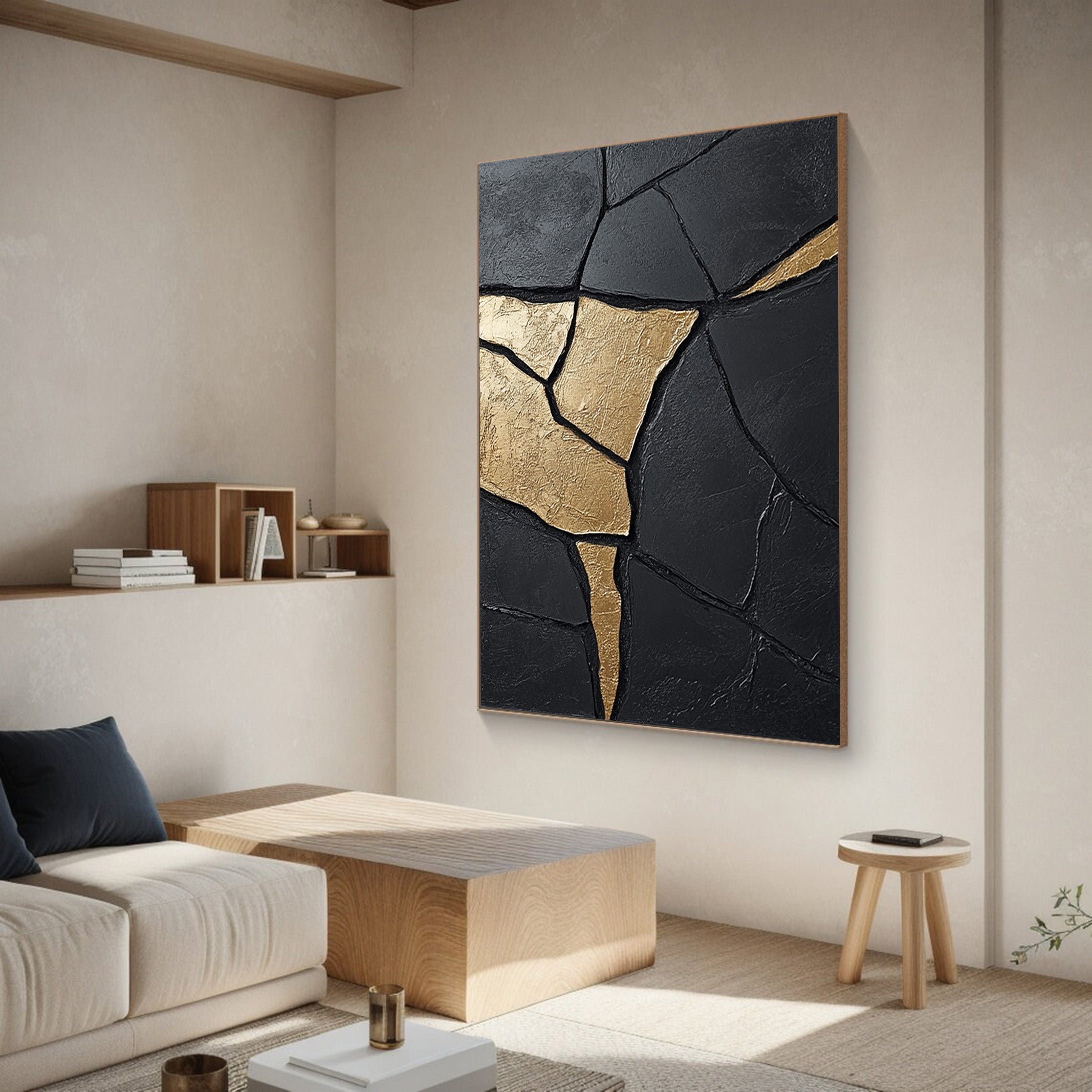 Textured Black Abstract with Organic Gold Veins for Modern Art #MM553