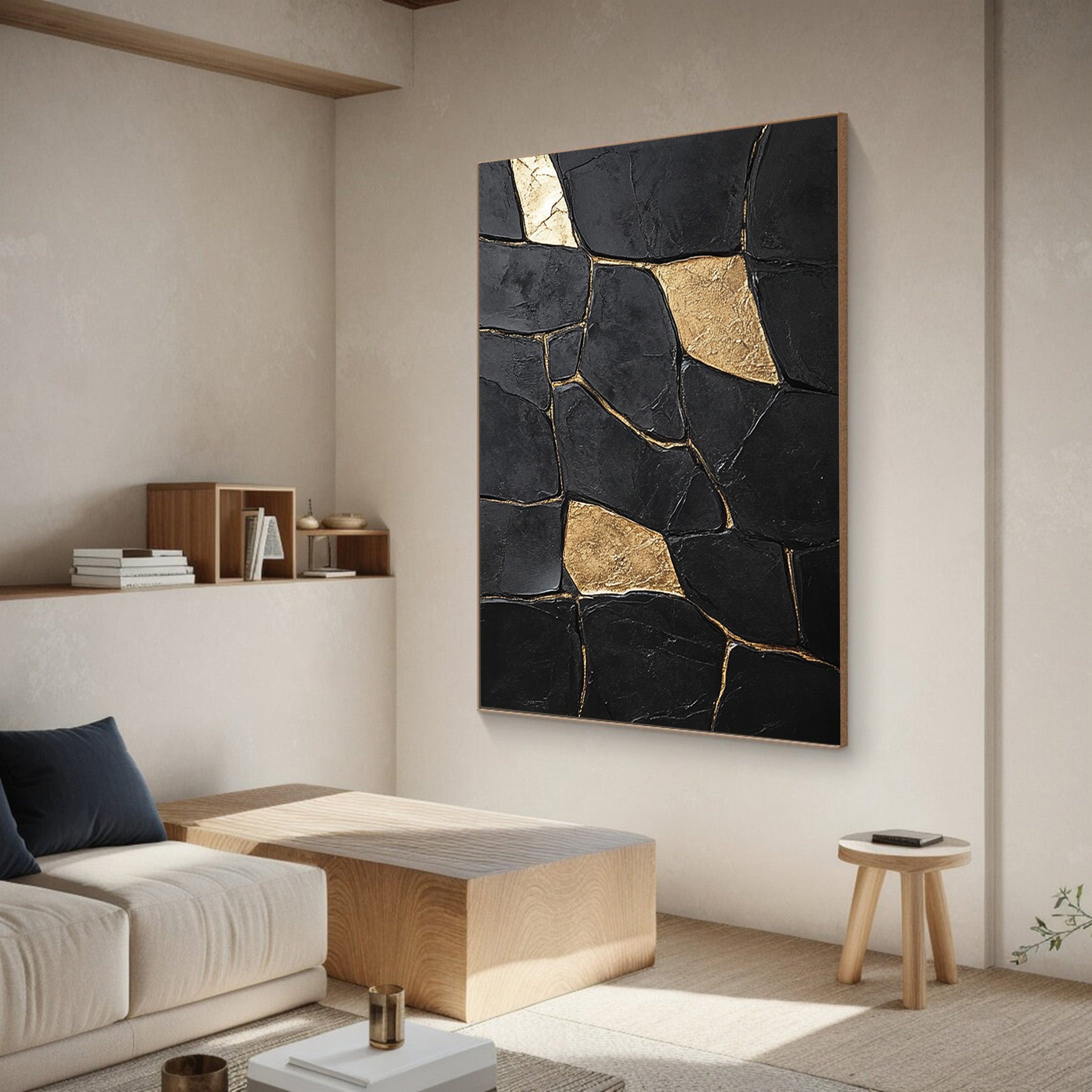Shadow Mosaic: Large Modern Abstract with Textured Gold Shapes #MM552