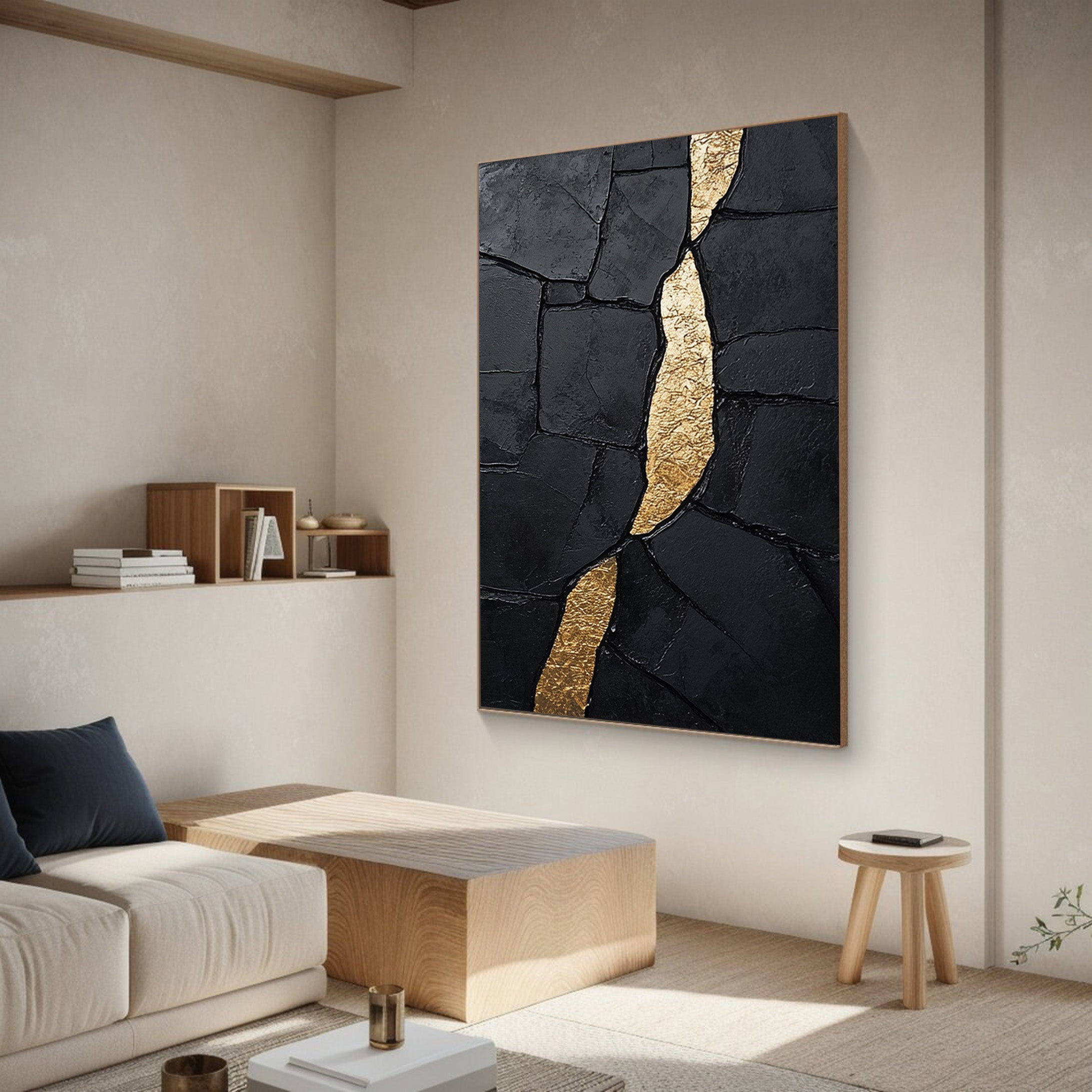 Golden Fault Line:Textured Black Abstract with Gold Cleft #MM555