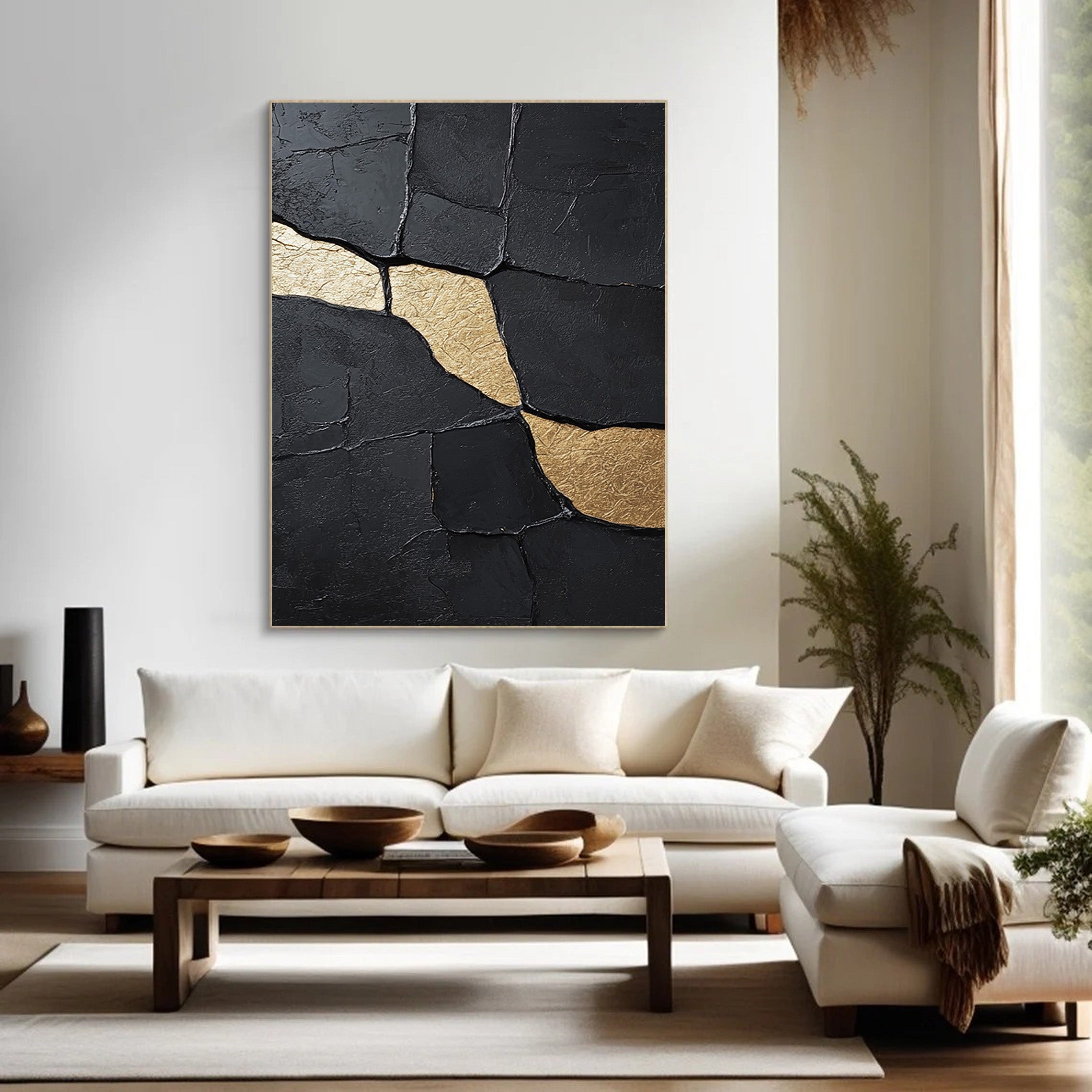 Gilded Flow:Textured Black Abstract with Organic Gold Inlays #MM551