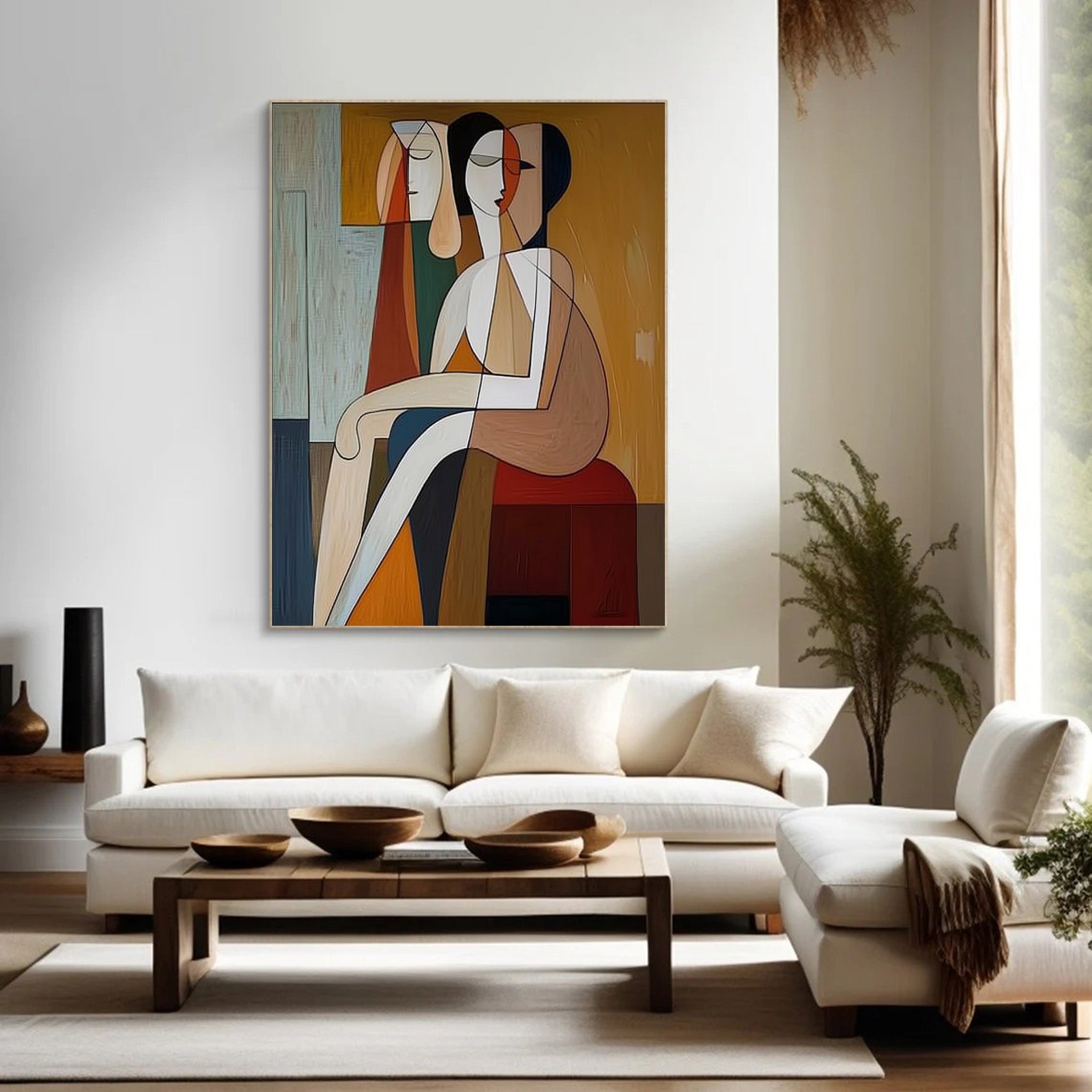 Geometric Encounter: Modern Stylized Figures, Warm Abstract Art #MM540