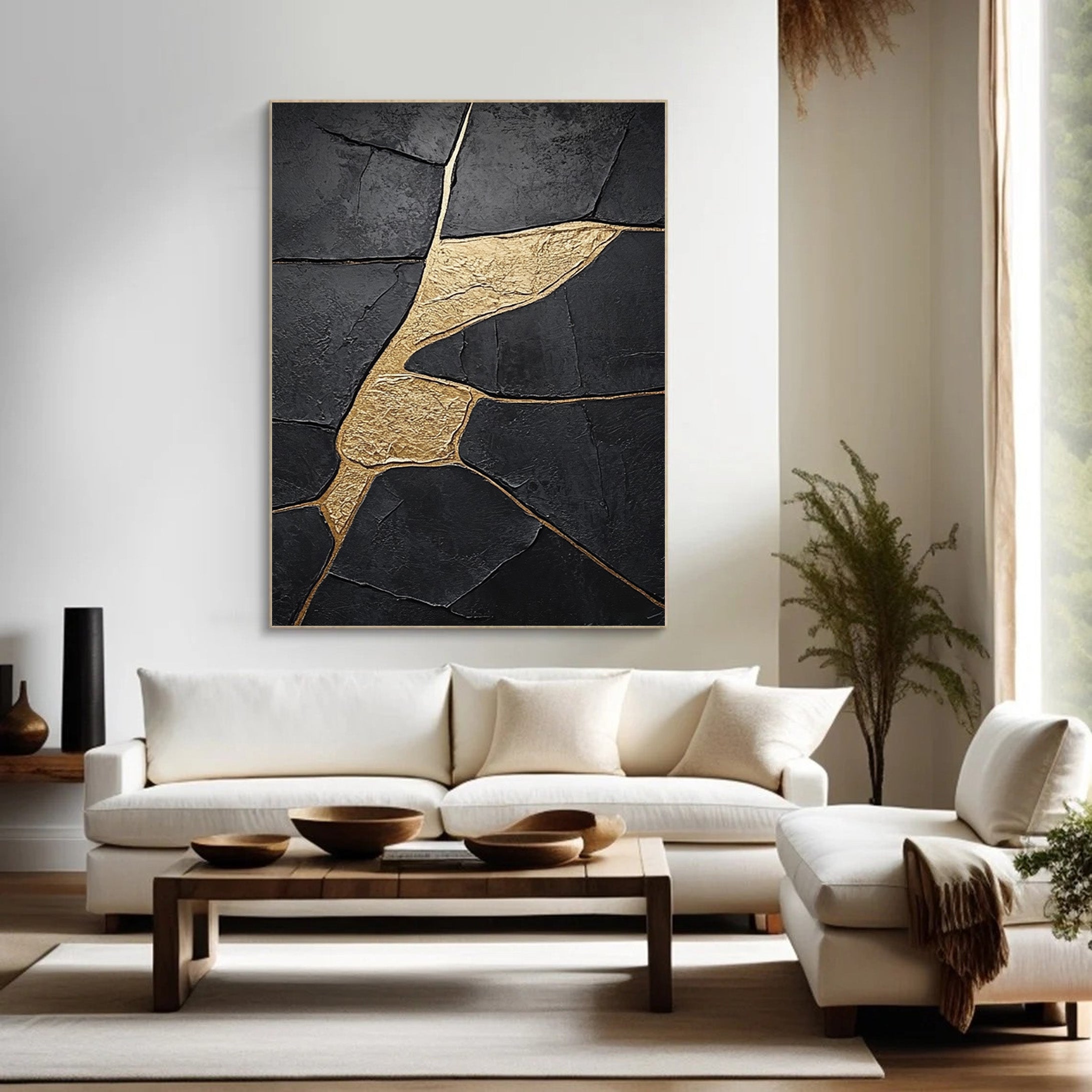 Molten Shadow:Black Impasto with Flowing Organic Gold Veins #MM554