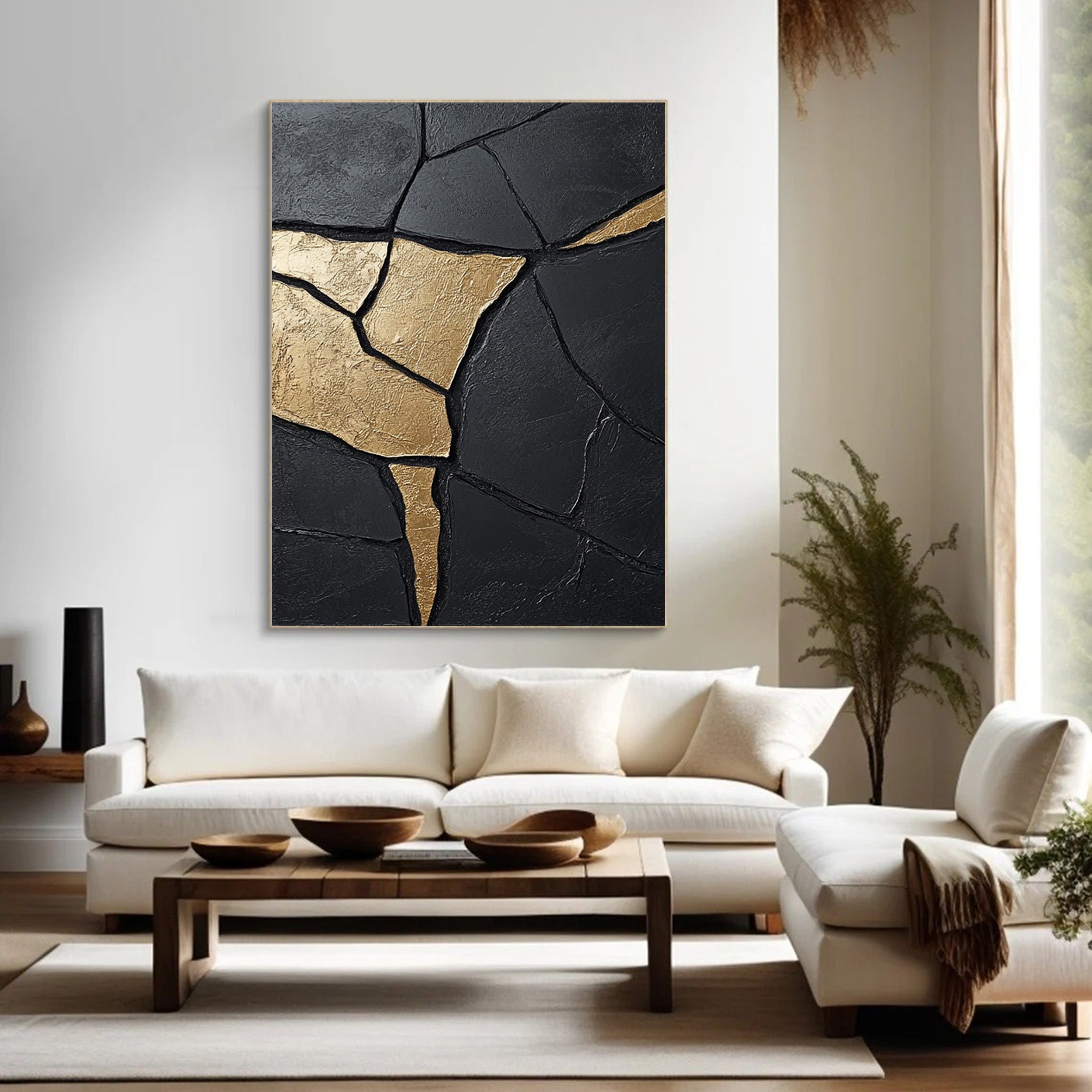 Textured Black Abstract with Organic Gold Veins for Modern Art #MM553