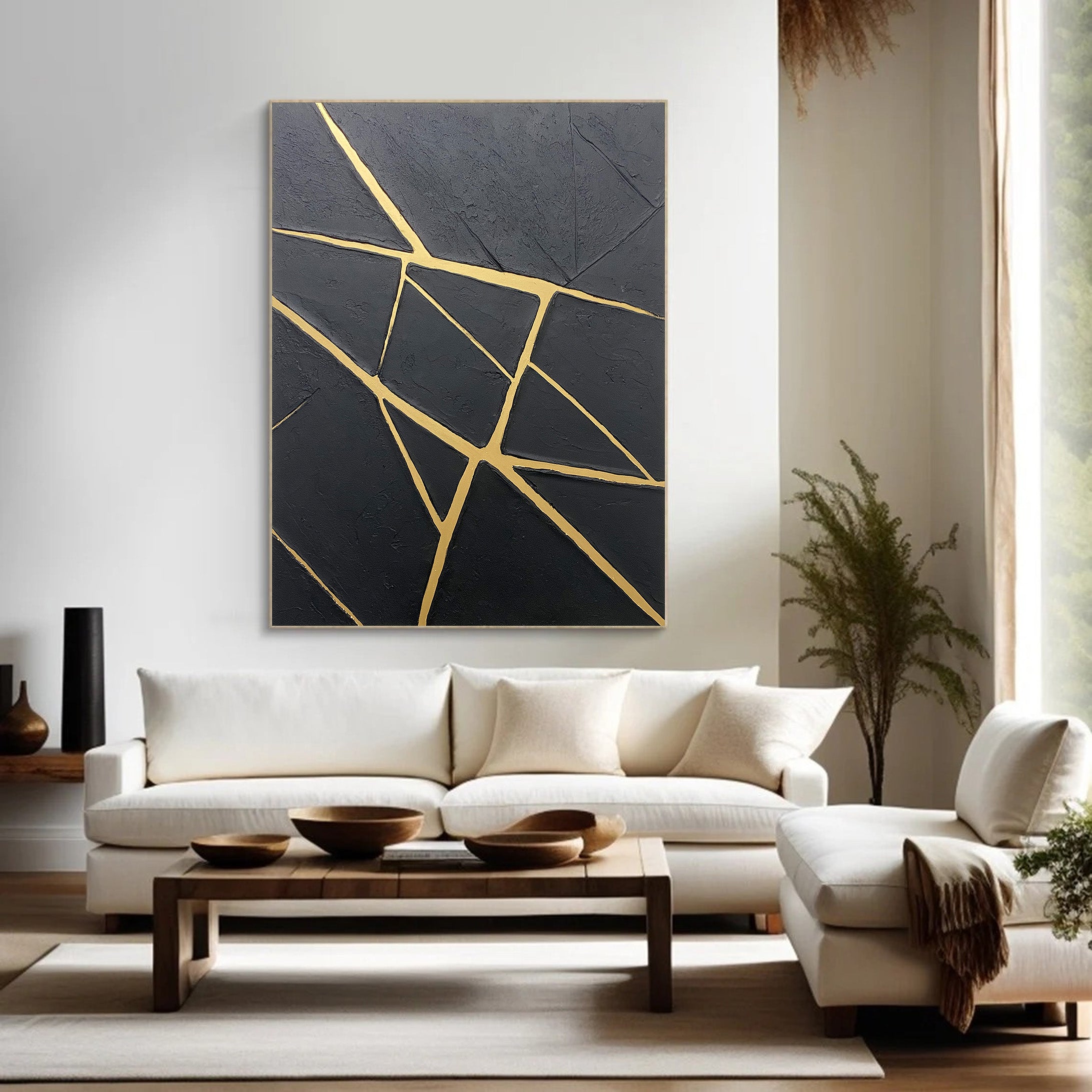 Gilded Fracture:Textured Black Abstract with Angular Gold Lines #MM559