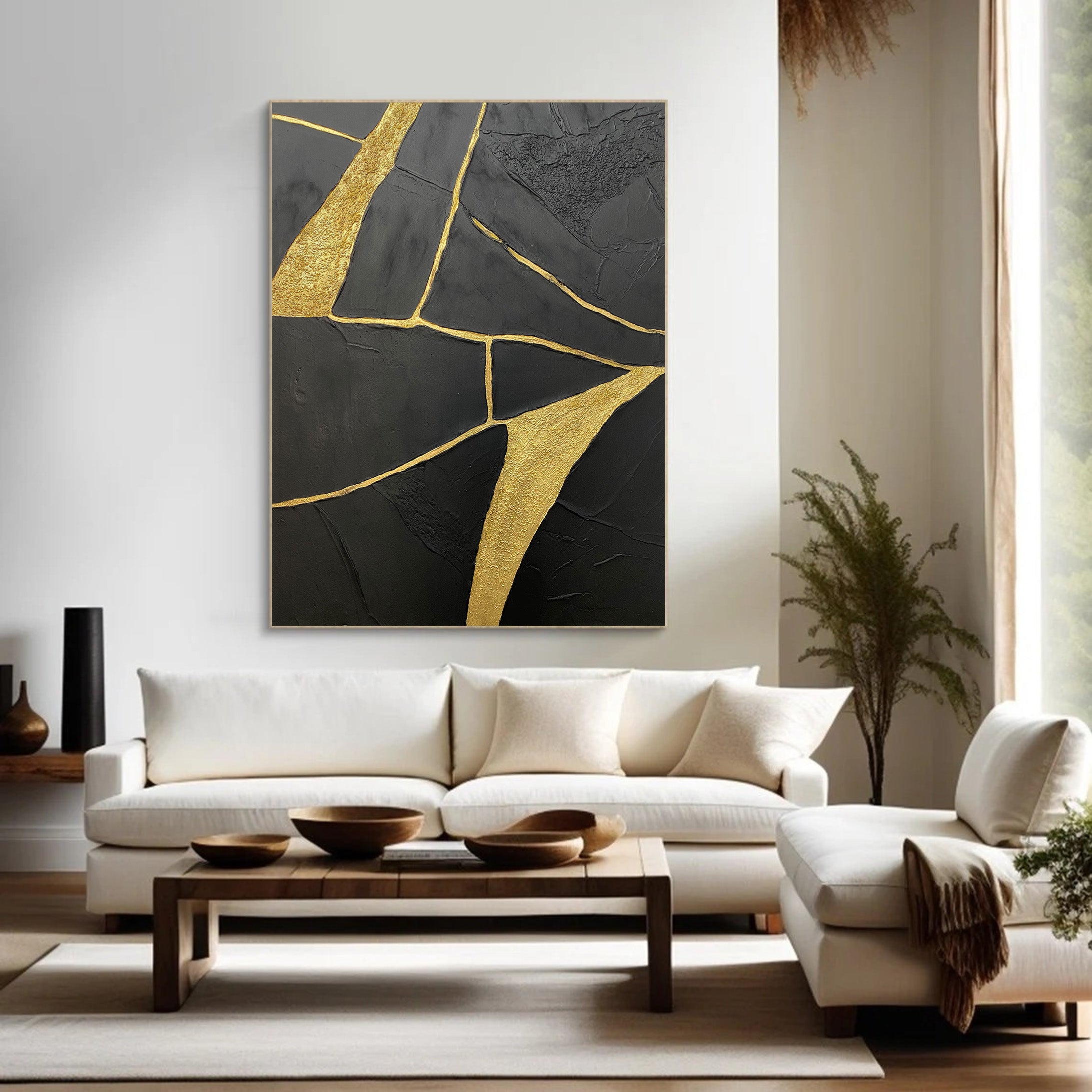 Gilded Fracture:Textured Black Abstract with Flowing Gold Lines #MM544