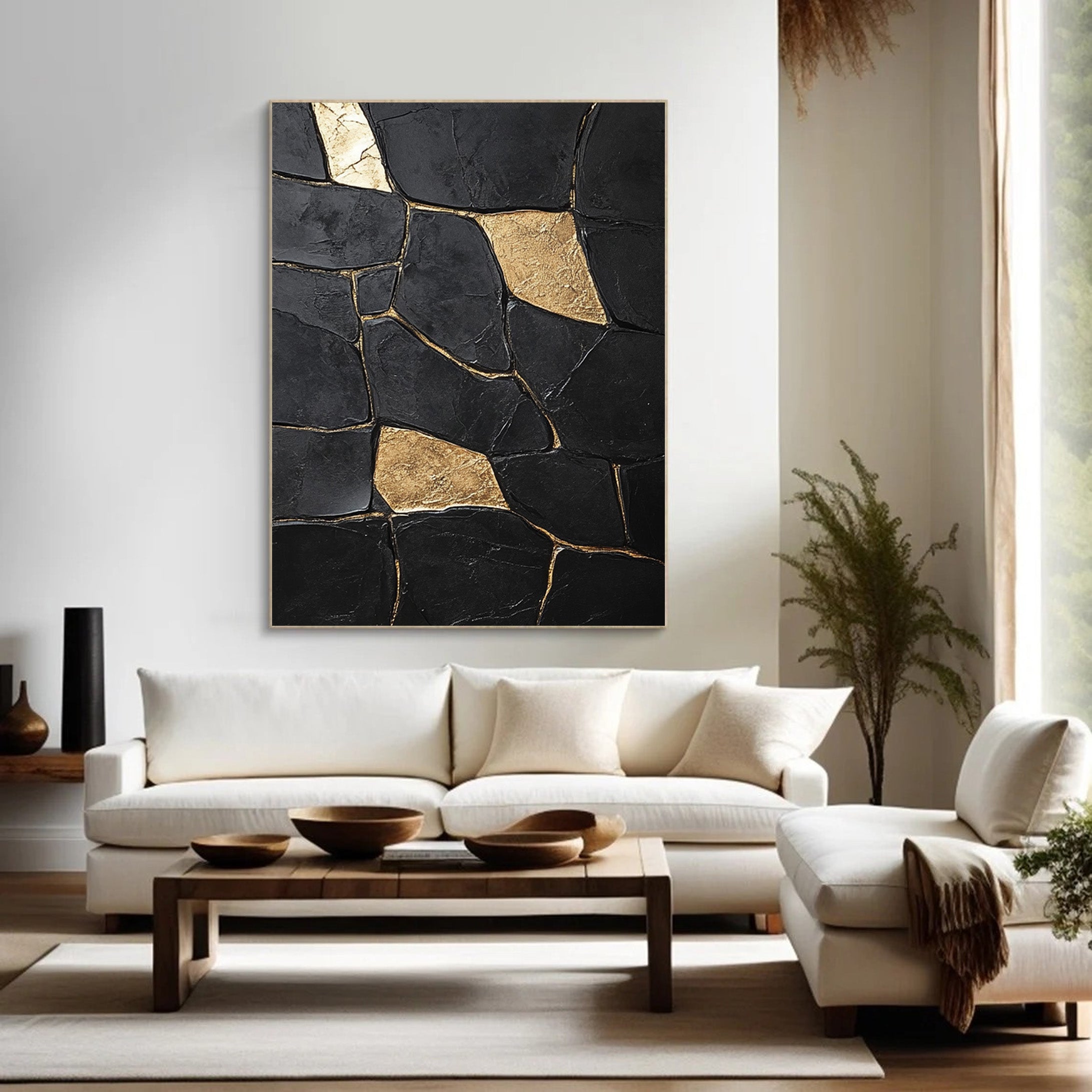 Shadow Mosaic: Large Modern Abstract with Textured Gold Shapes #MM552