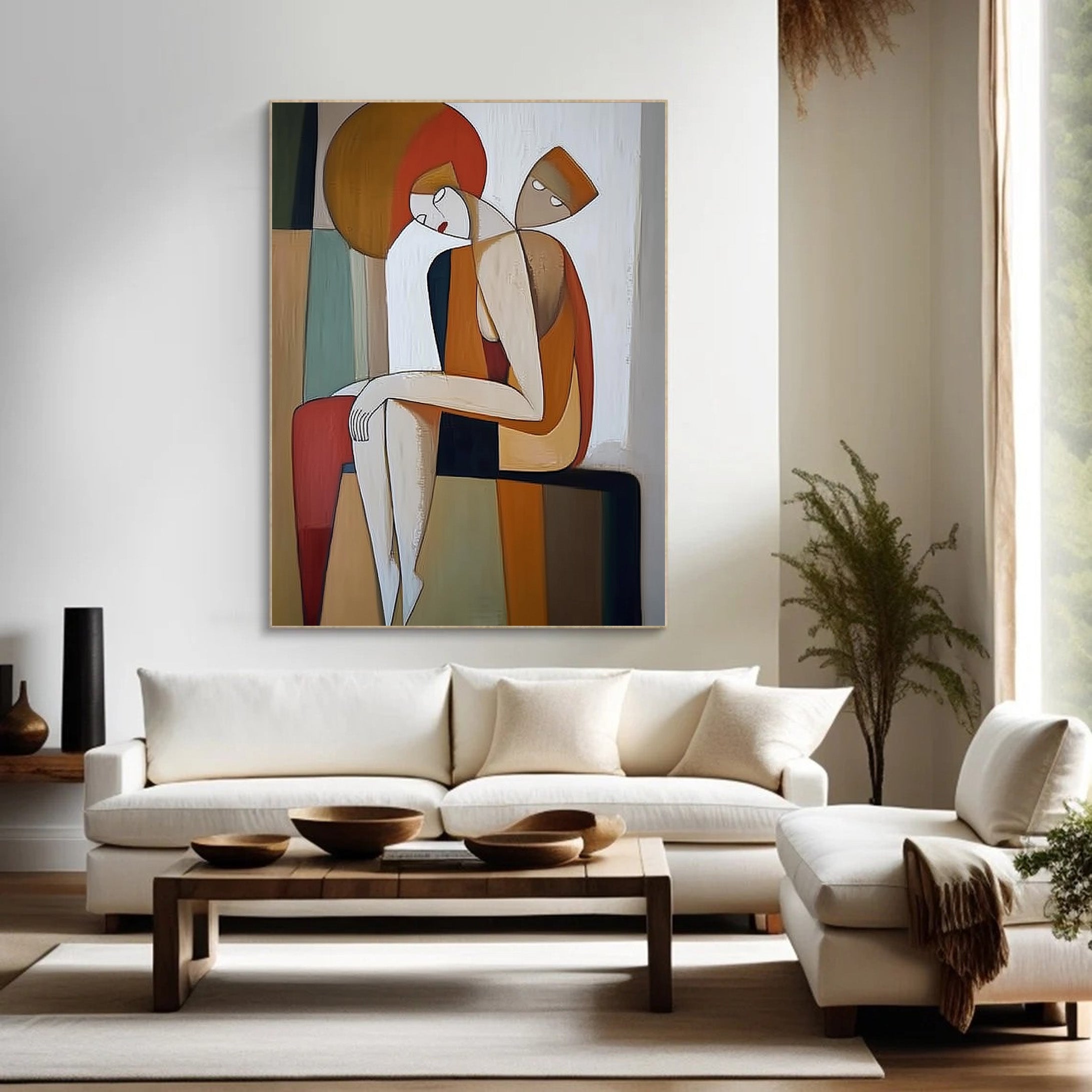 Geometric Embrace: Modern Stylized Figures, Warm Abstract Art #MM538