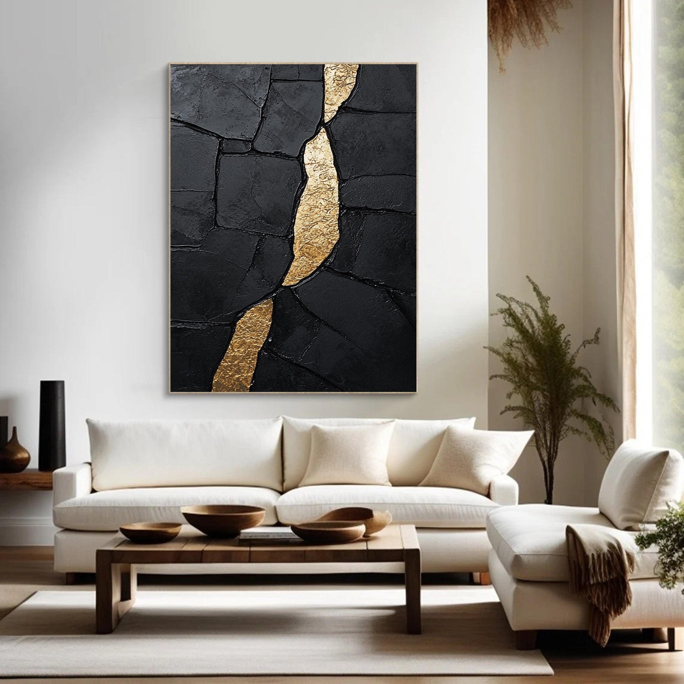 Golden Fault Line:Textured Black Abstract with Gold Cleft #MM555