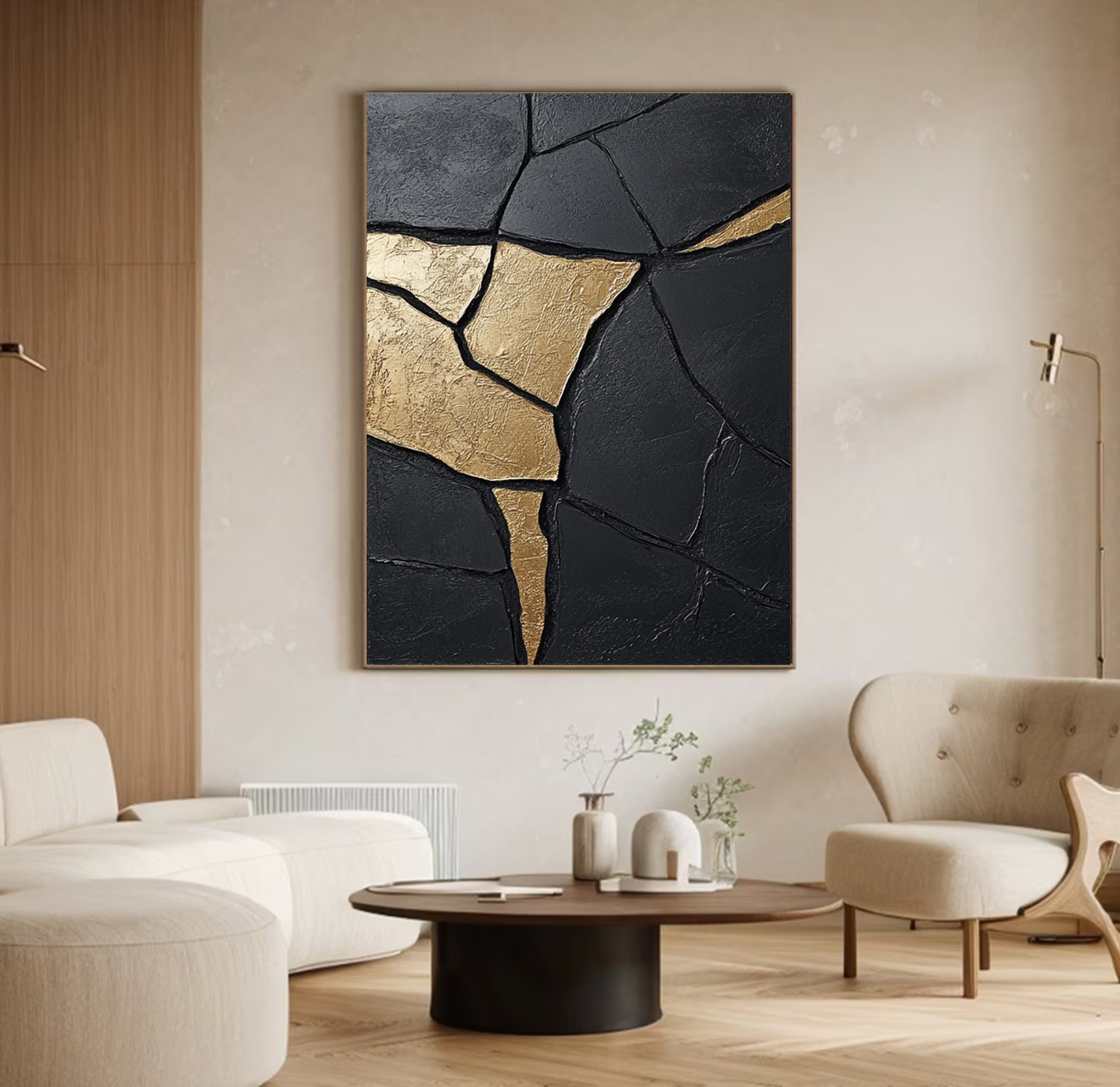 Textured Black Abstract with Organic Gold Veins for Modern Art #MM553