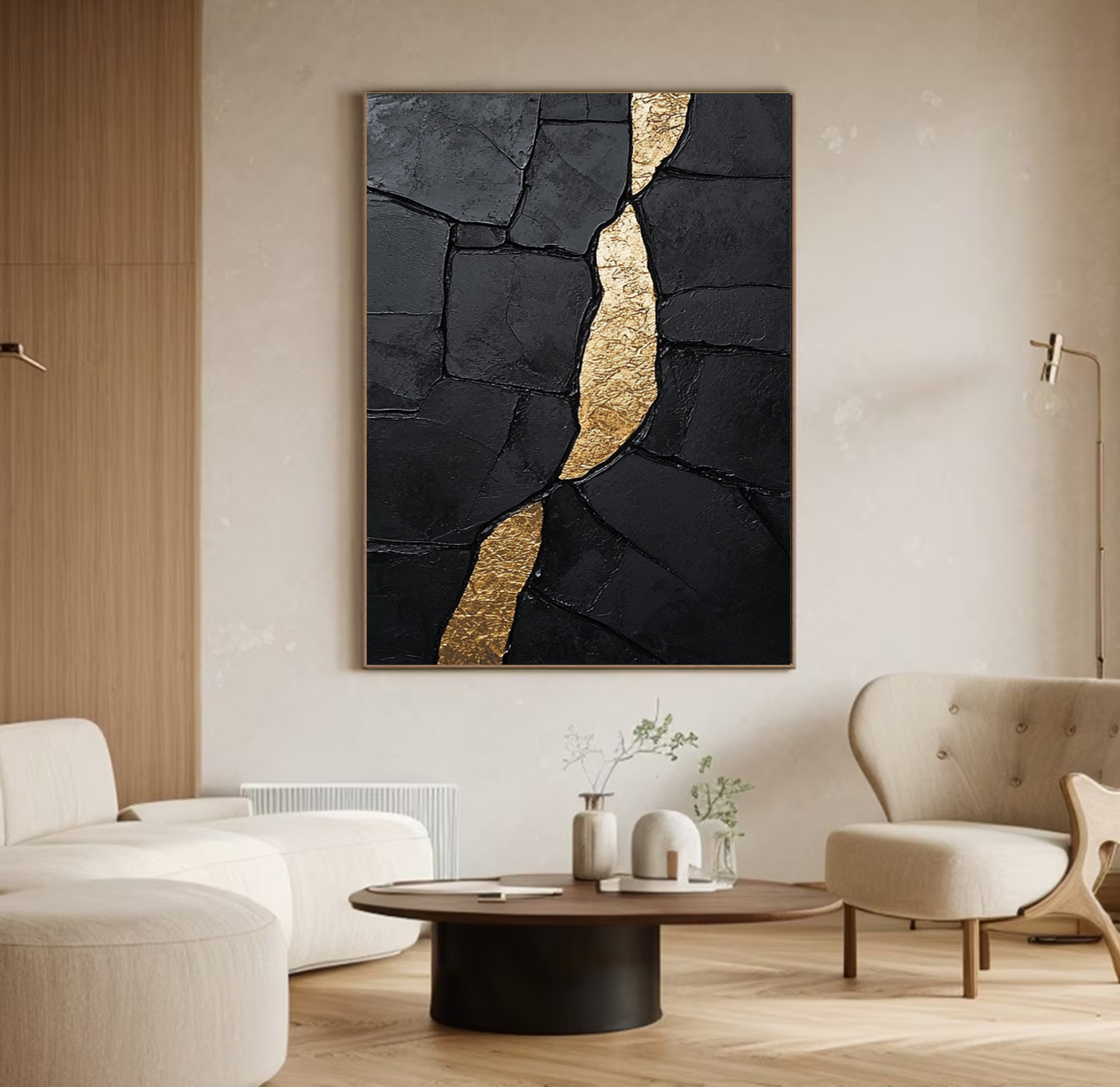 Golden Fault Line:Textured Black Abstract with Gold Cleft #MM555