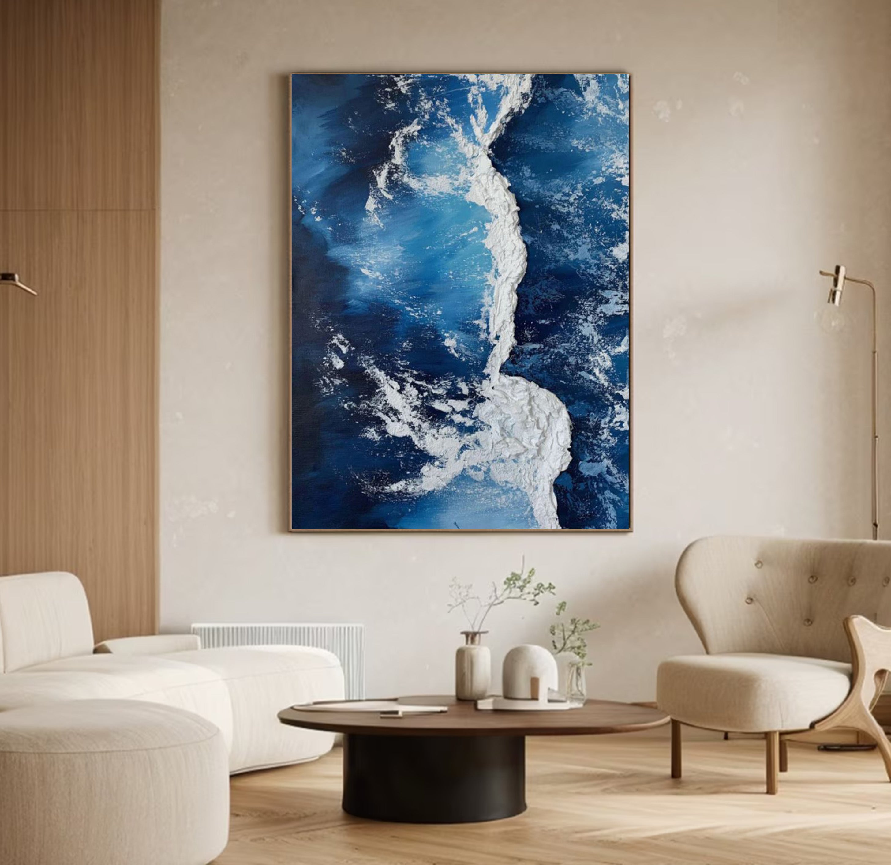 Aerial Tides: 3D Textured Ocean Waves, Blue and White Art #MM539