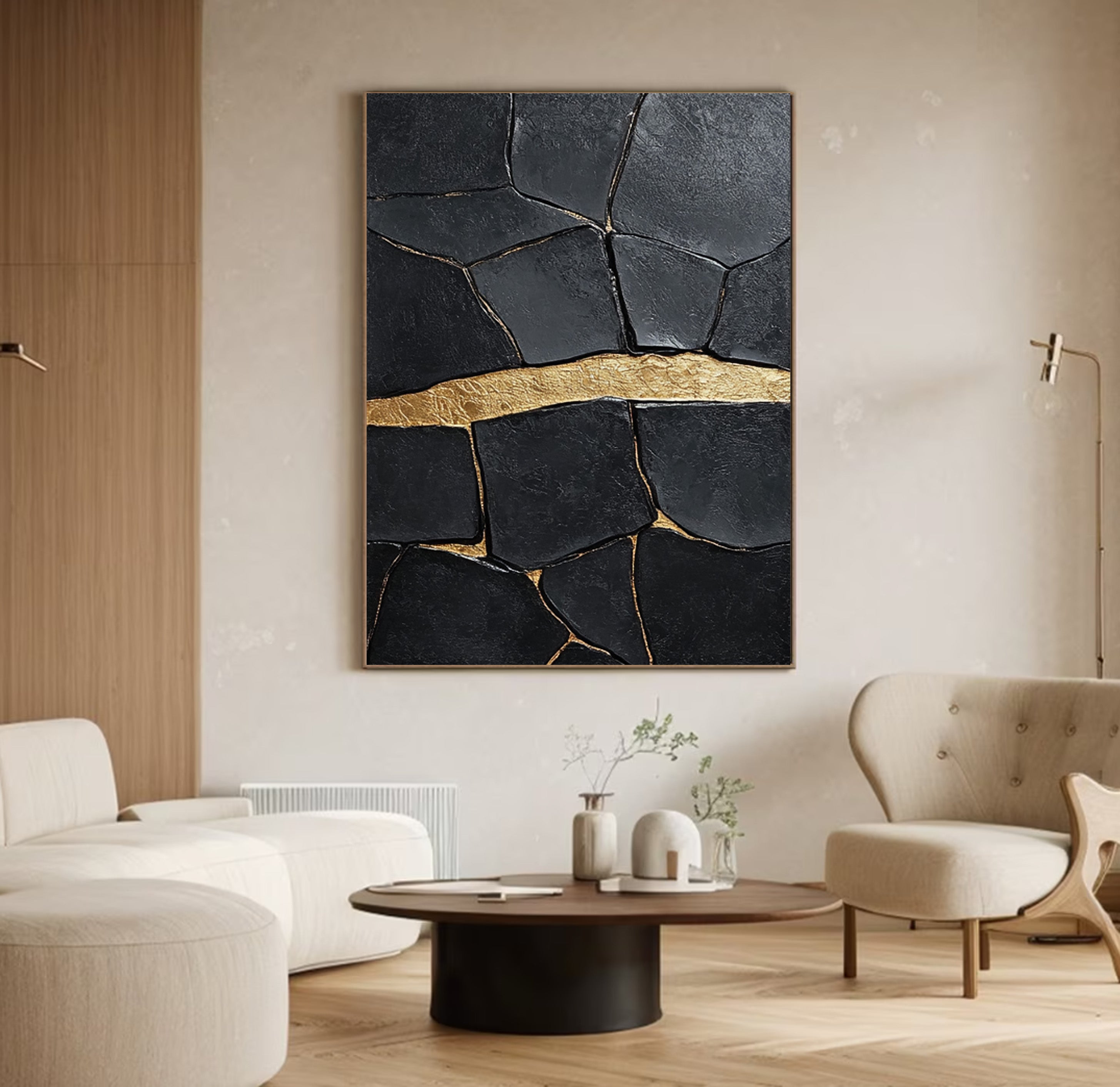 Golden Horizon:Textured Black Abstract with a Bold Gold Band #MM547