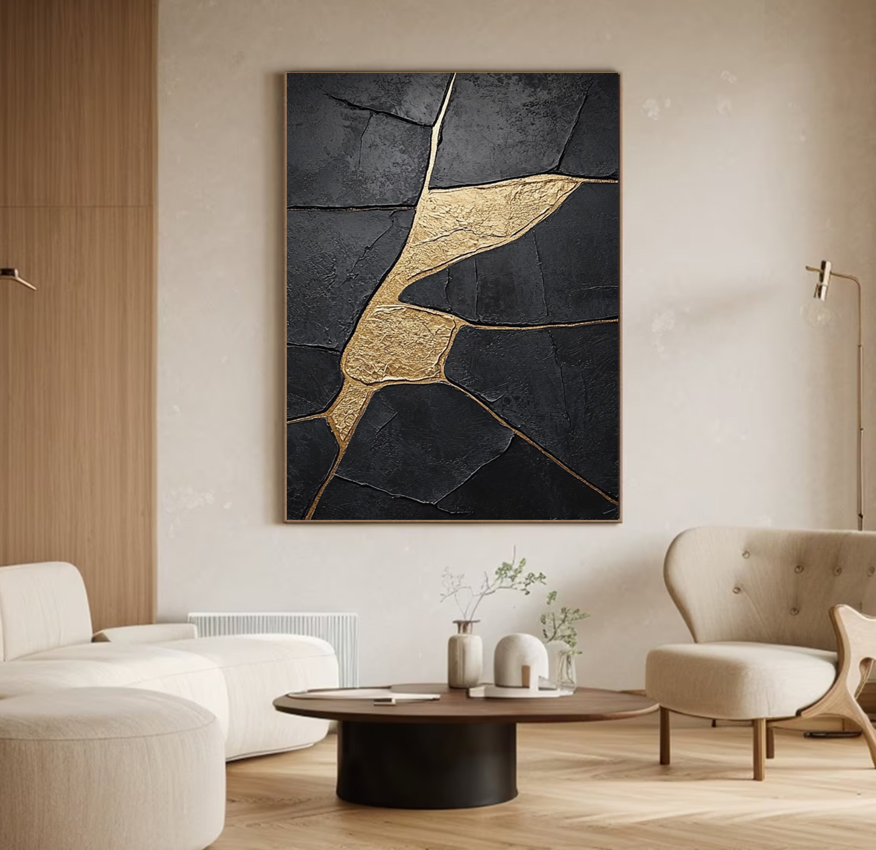 Molten Shadow:Black Impasto with Flowing Organic Gold Veins #MM554