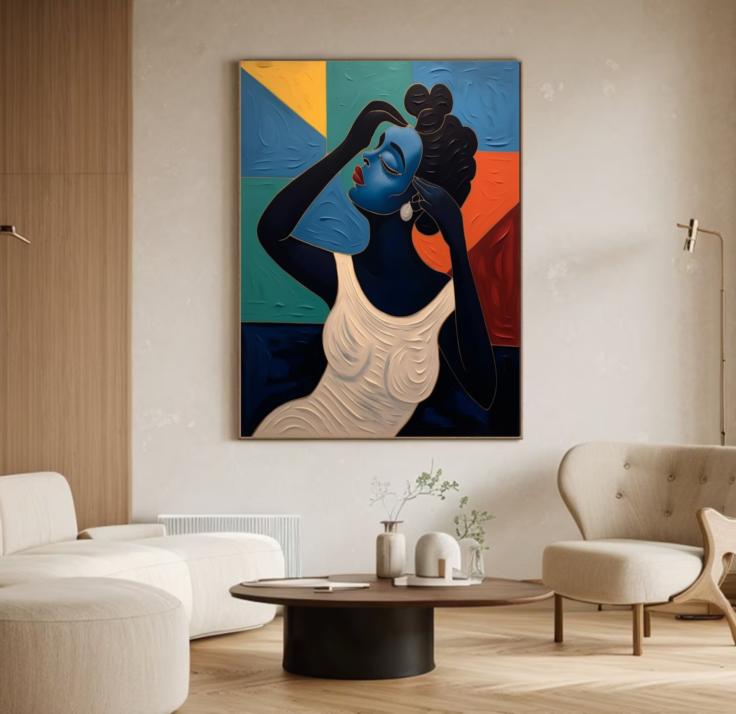 Geometric Grace: Stylized Figure Against Textured Color Shapes #MM534