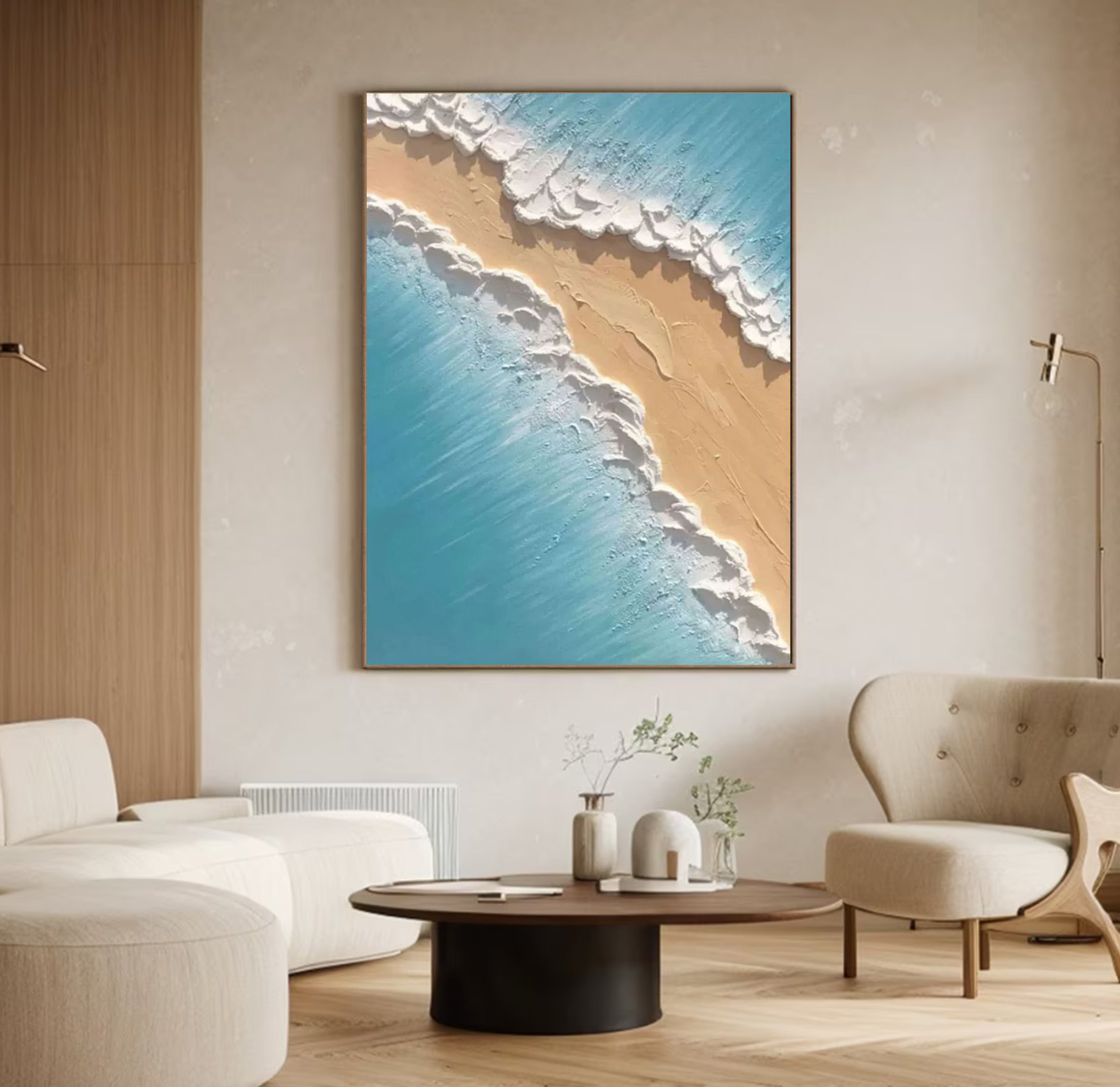 Where Azure Meets Gold: Textured Overhead Beach Wall Art #MM526