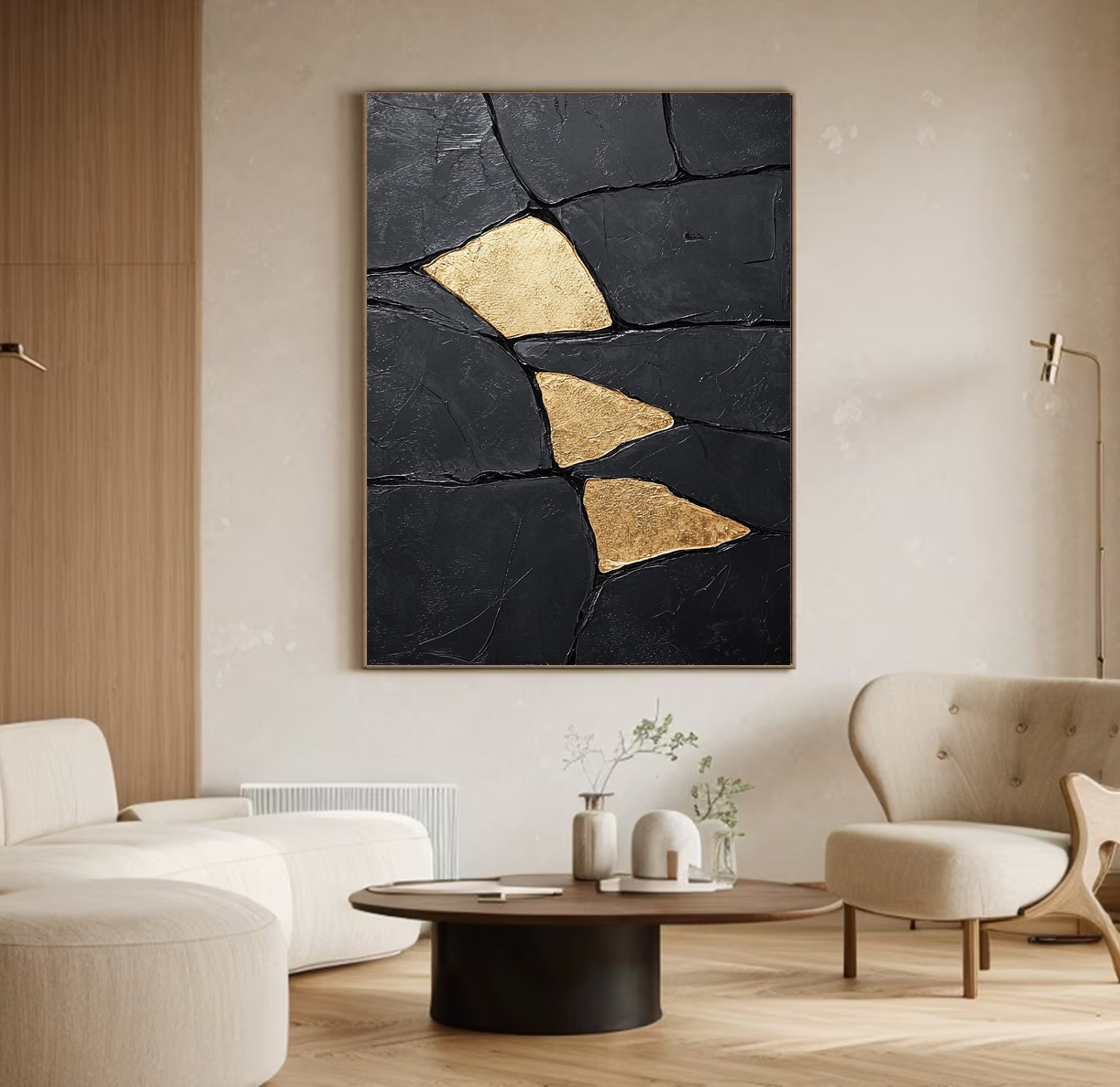 Gilded Shards: Heavily Textured Black Abstract with Gold Inlays #MM549