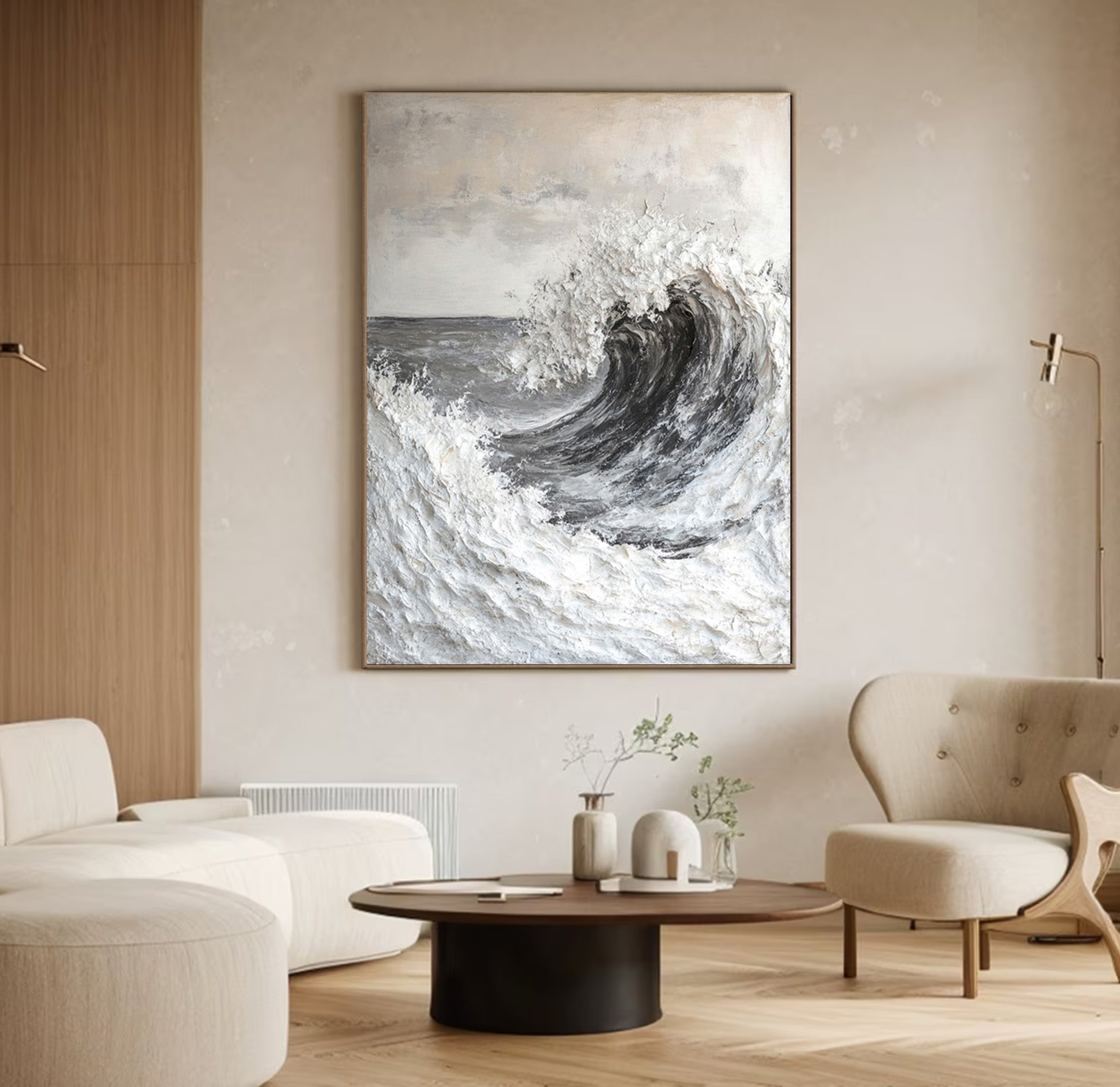 Modern Seascape Painting with Tactile Wave in Grays and Whites #MM565