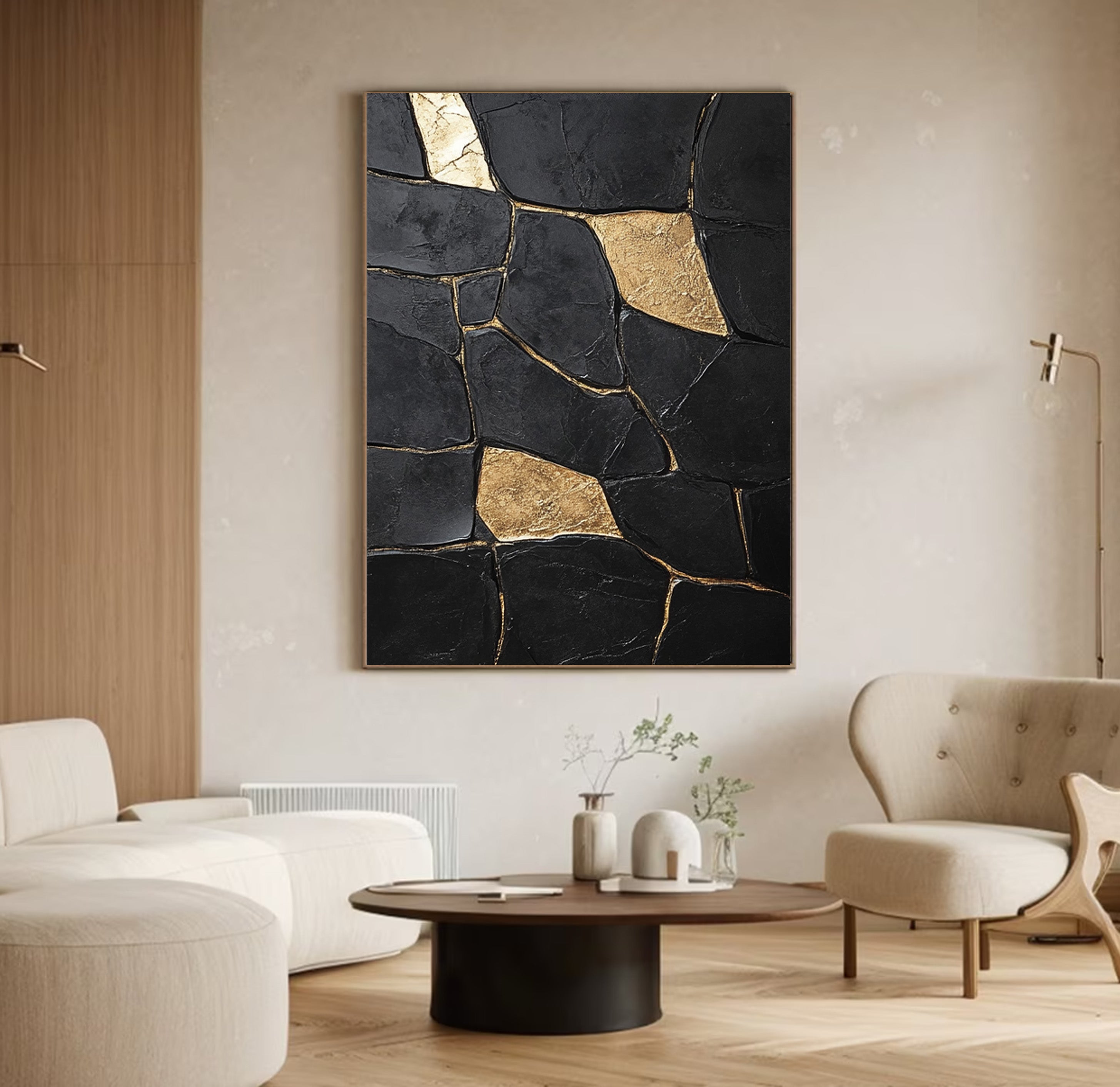 Shadow Mosaic: Large Modern Abstract with Textured Gold Shapes #MM552