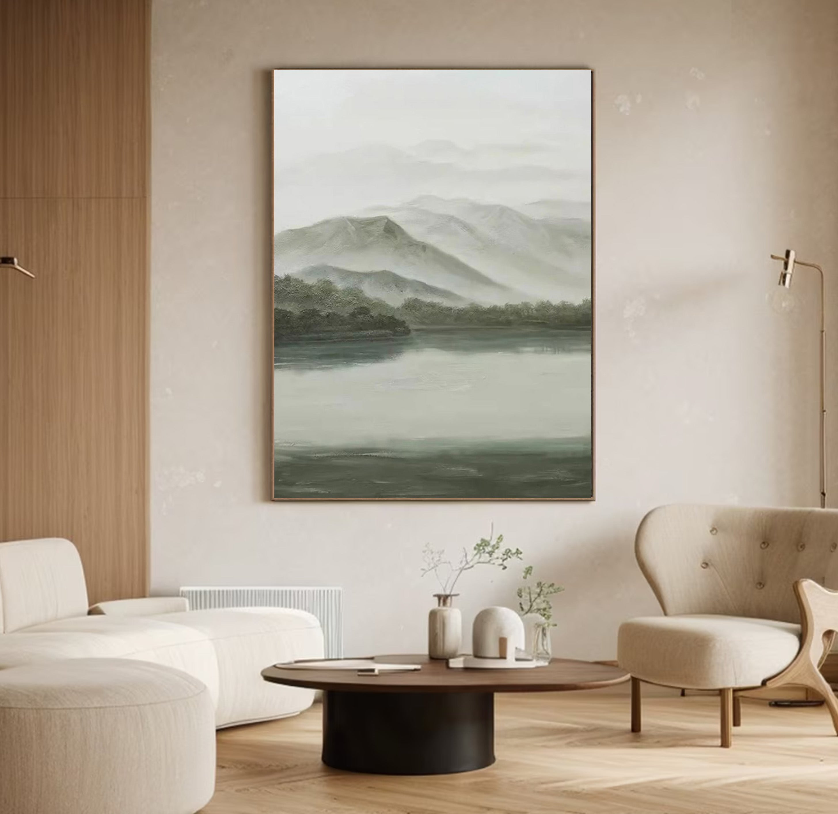 Whispers of Green: Tranquil Landscape with Mist, Peaceful Art #MM535