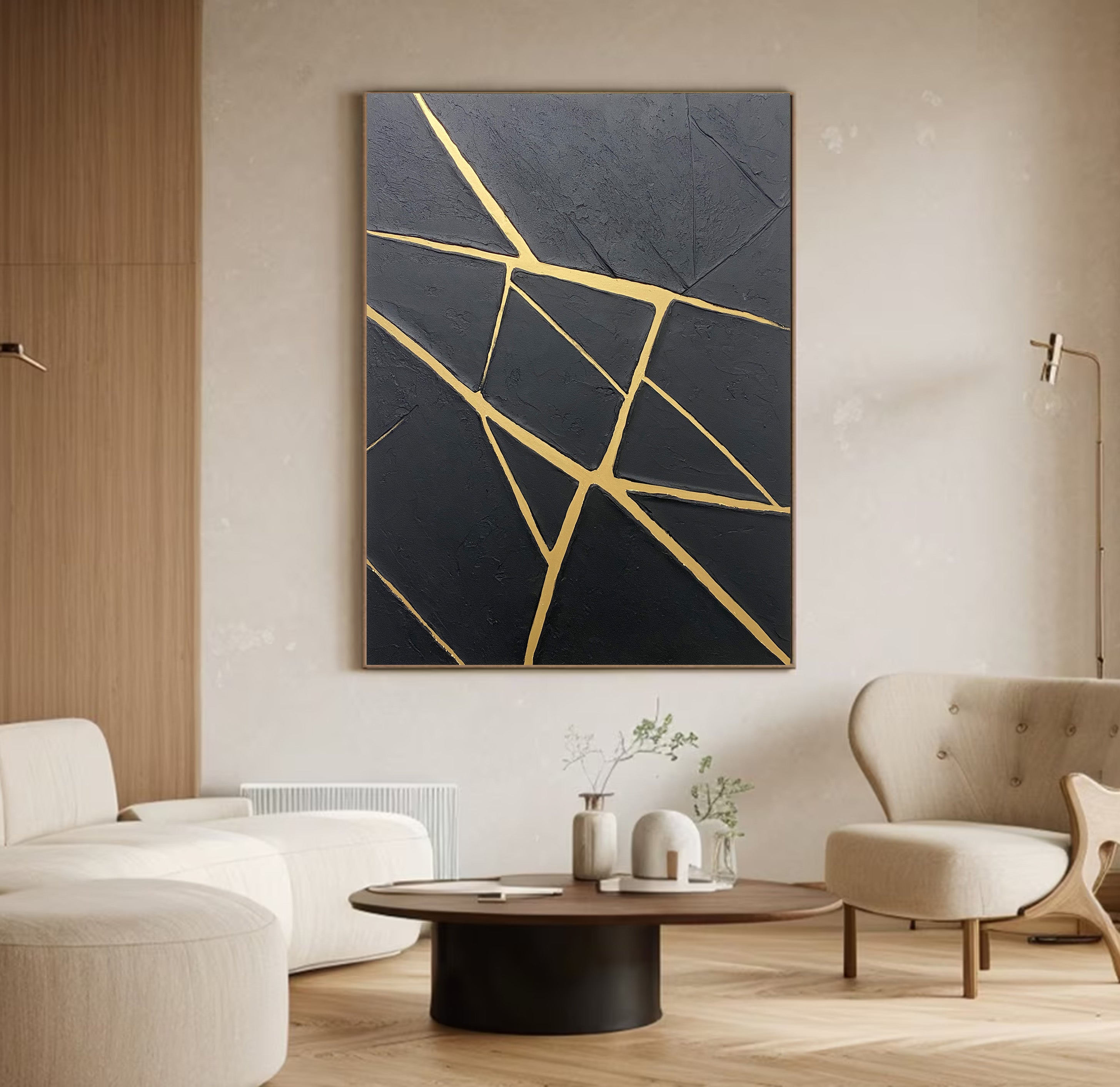 Gilded Fracture:Textured Black Abstract with Angular Gold Lines #MM559