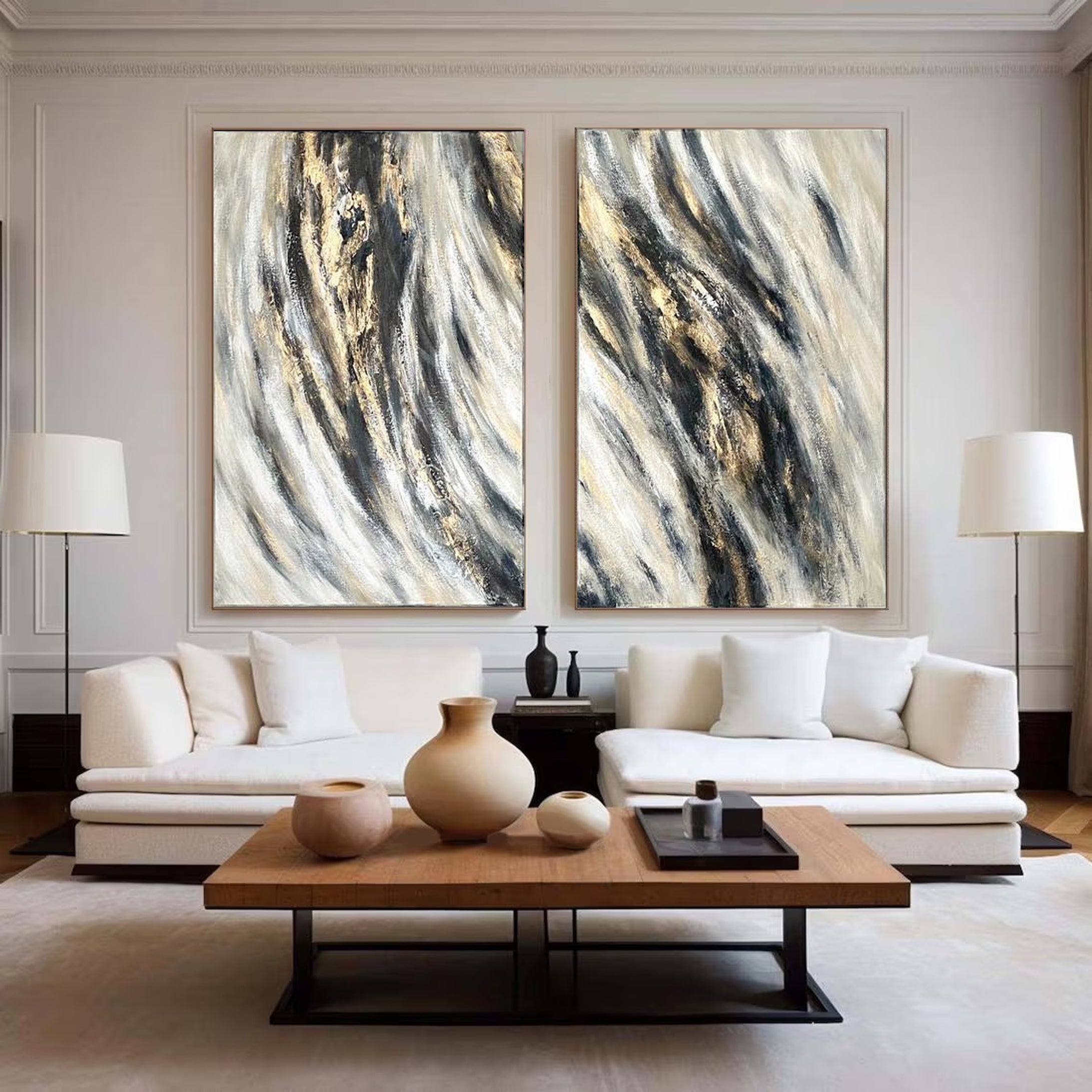 مجموعة فنية جدارية حديثة باللونين الأسود والرمادي، طقم من قطعتين #ABS002