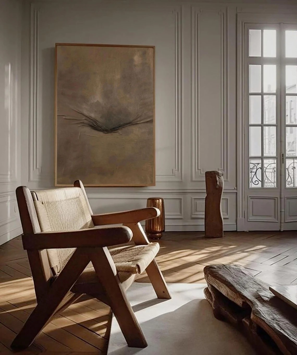 لوحة فنية تجريدية محايدة بنية اللون هادئة الملمس ذات ملمس خشبي #MM242