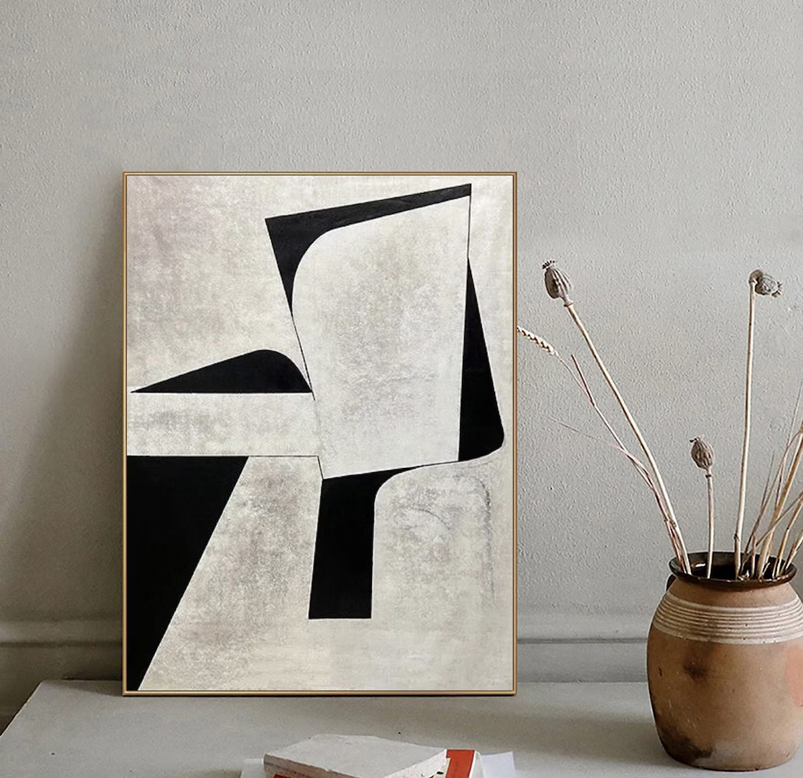 Textured Black and White Painting, Bold Modern Geometric Canvas #MM443