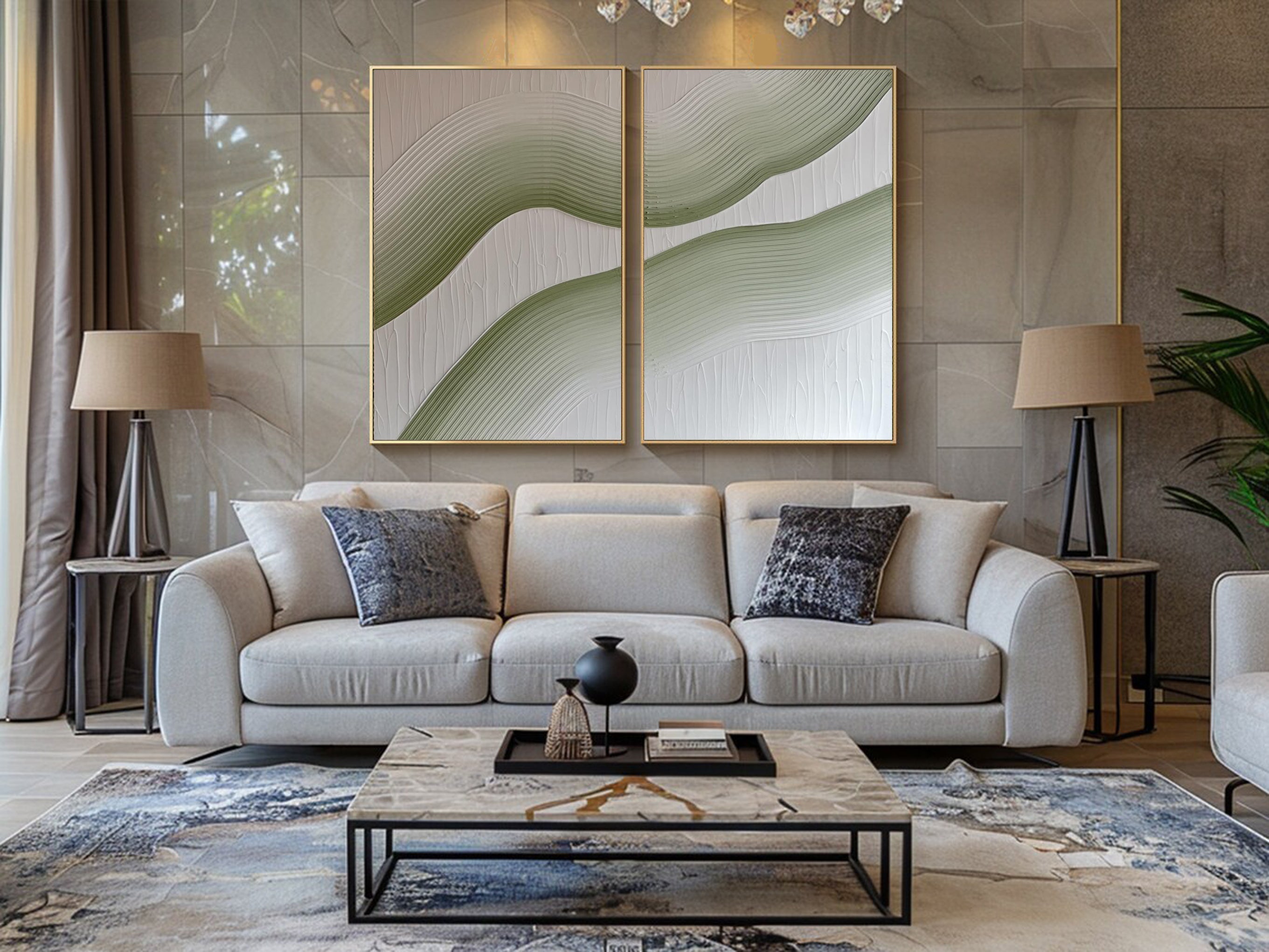 لوحة فنية قماشية باللونين الأخضر والأبيض بتصميمات داخلية عصرية #MMS032