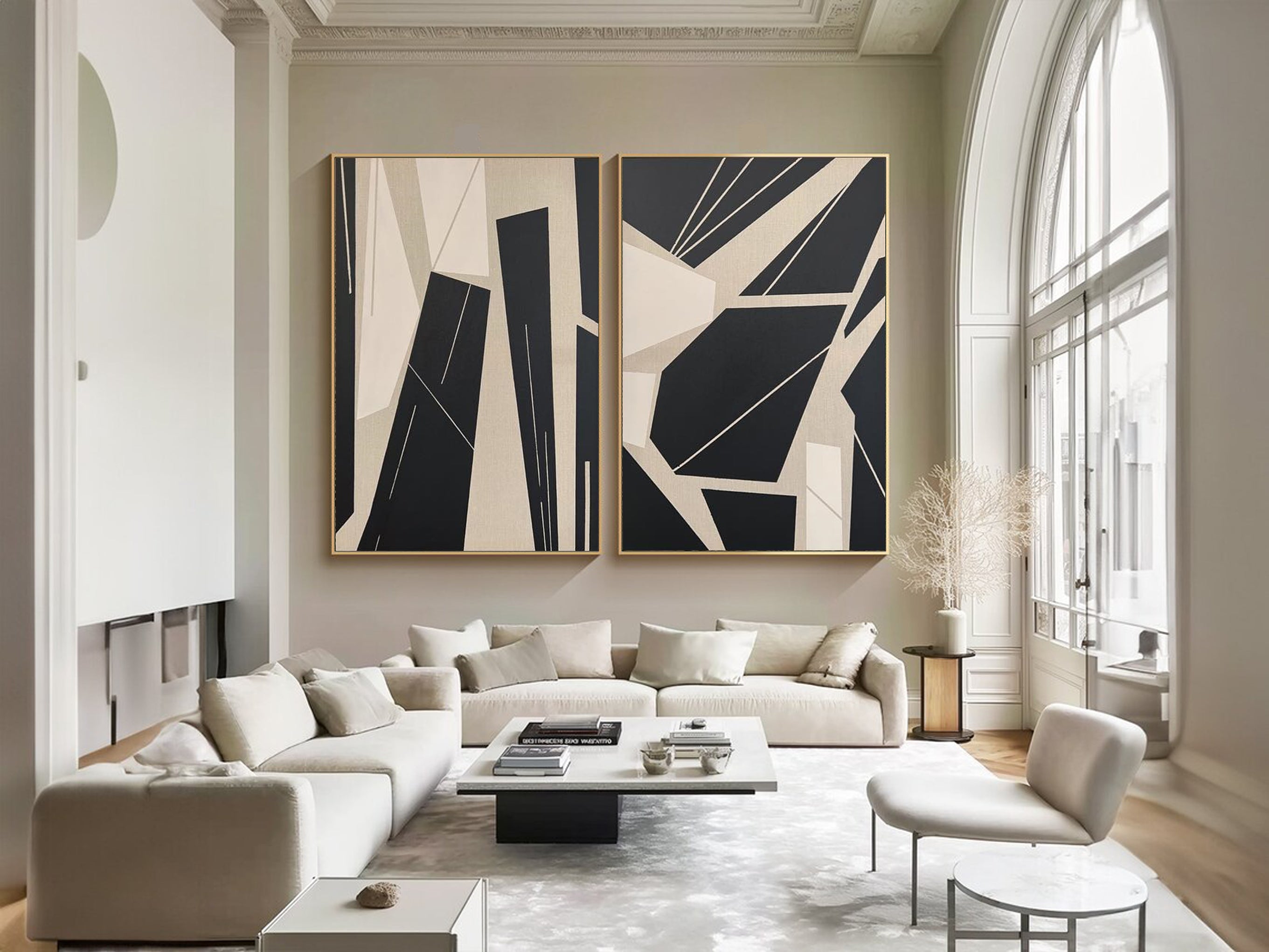 لوحة فنية جدارية هندسية معاصرة باللونين الأسود والبيج #MMS047