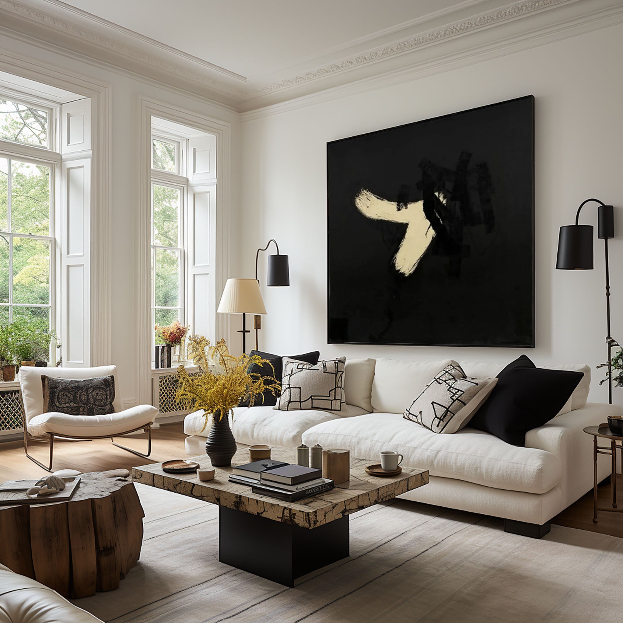 لوحة تجريدية ديناميكية جريئة بالأبيض والأسود #MM078