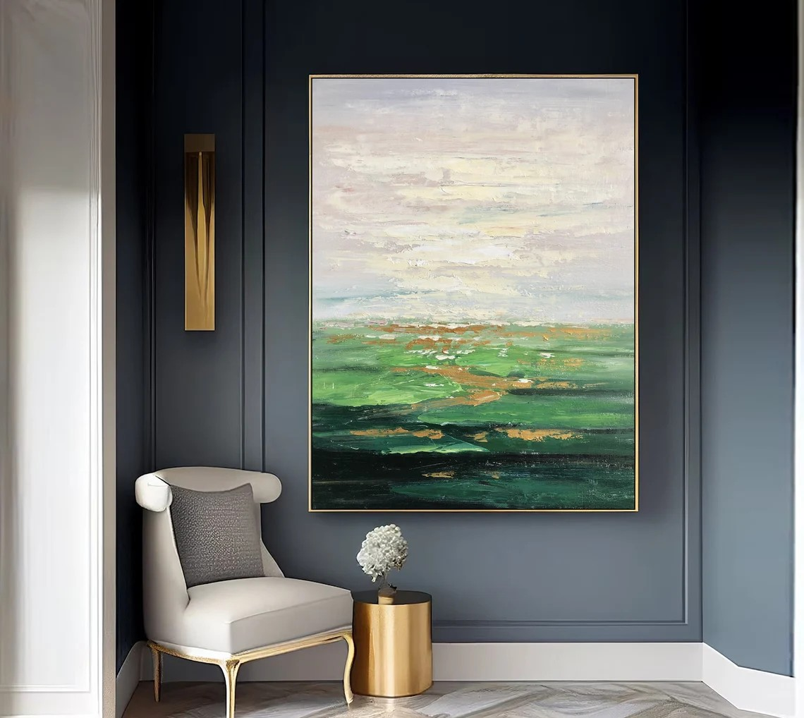 Abstract Green Landscape Oil Painting, Modern Nature Art #MM383