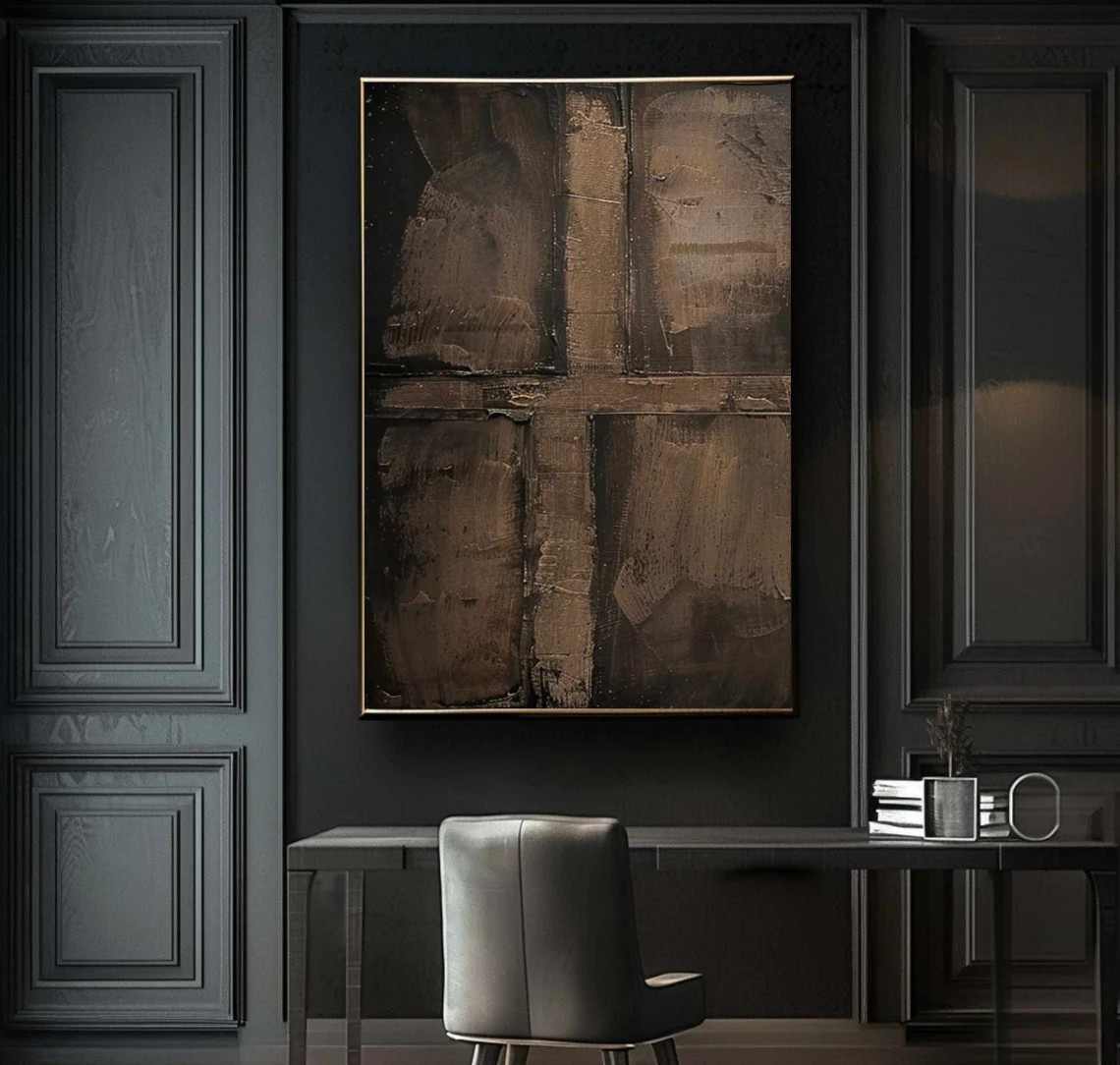 لوحة جدارية تجريدية بنية اللون من وابي سابي، أنيقة وطبيعية، رقم MM228