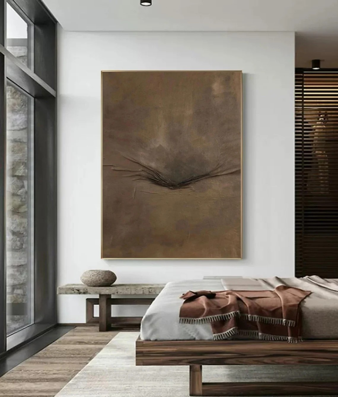 لوحة فنية تجريدية محايدة بنية اللون هادئة الملمس ذات ملمس خشبي #MM242