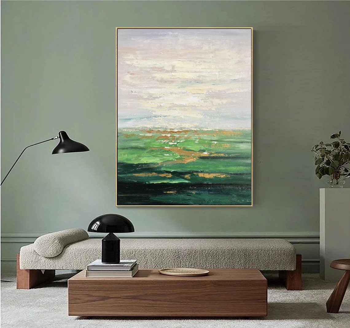 Abstract Green Landscape Oil Painting, Modern Nature Art #MM383