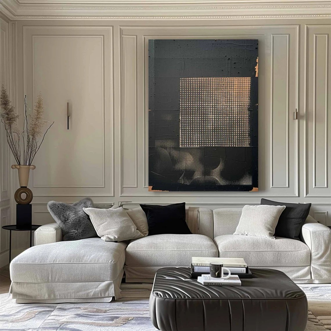 Dark Textured Abstraction, Geometric Grid Focus, Modern Canvas #MM419